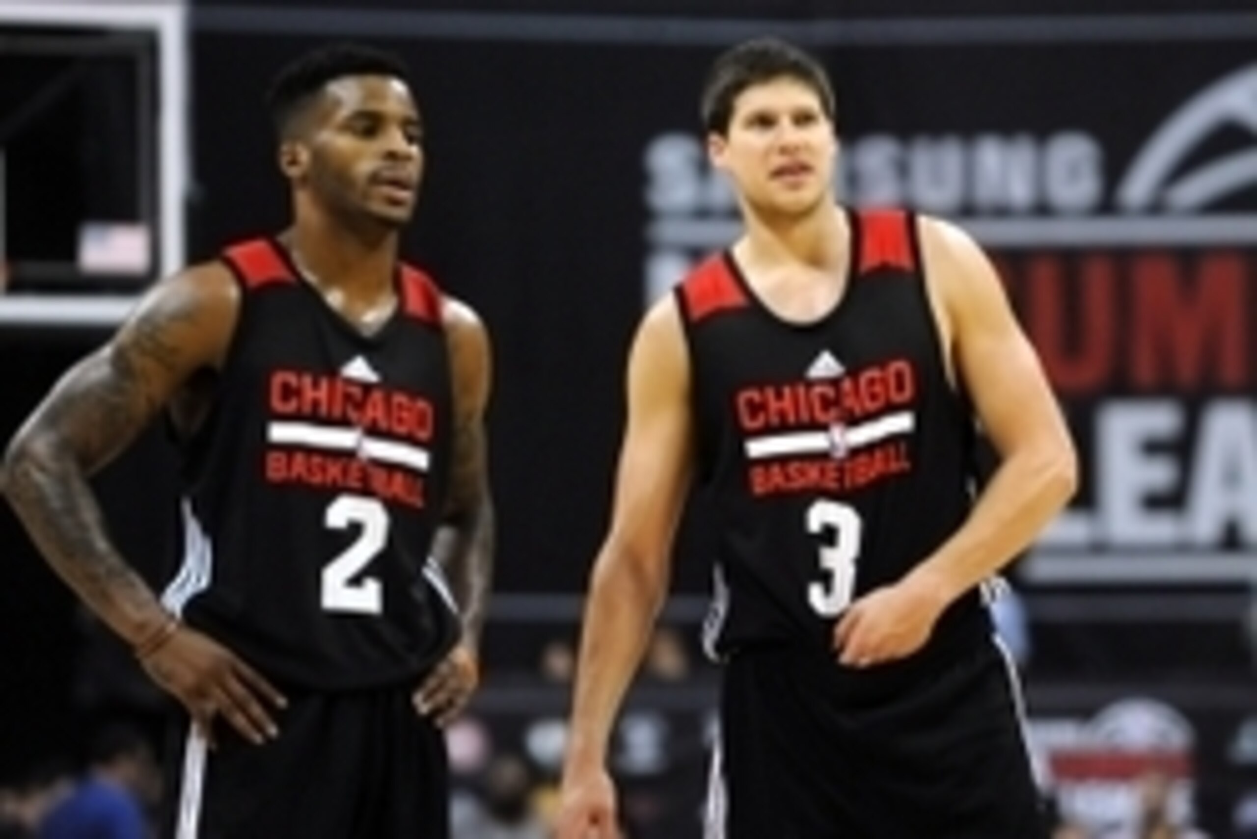 Jul 11, 2015; Las Vegas, NV, USA; Chicago Bulls guard Vander Blue (2) and forward Doug McDermott (3) talk during a free throw attempt during an NBA Summer League game against the Minnesota Timberwolves at Thomas & Mack Center. Mandatory Credit: Stephen R. Jul 11, 2015; Las Vegas, NV, USA; Chicago Bulls guard Vander Blue (2) and forward Doug McDermott (3) talk during a free throw attempt during an NBA Summer League game against the Minnesota Timberwolves at Thomas & Mack Center. Mandatory Credit: Stephen R.