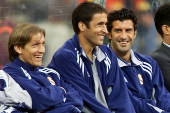 Figo gets to know Madrid legend Raul and new team-mate Michel Salgado