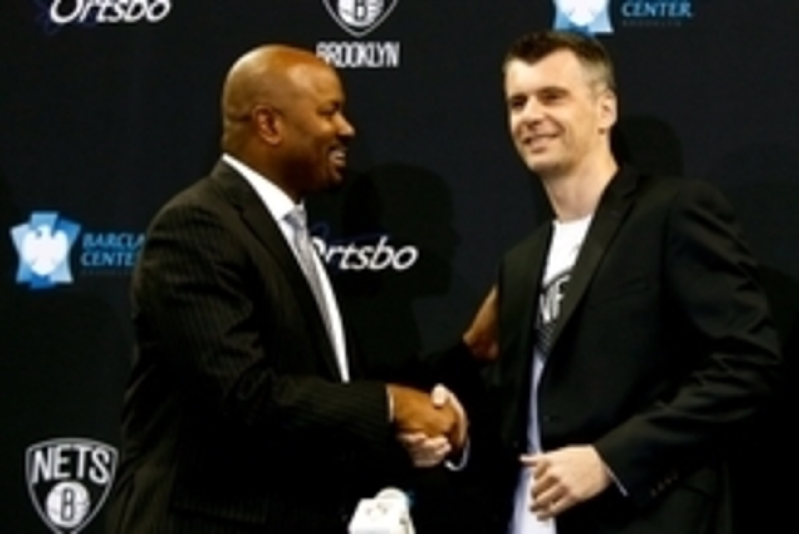 Jul 18, 2013; Brooklyn, NY, USA; Brooklyn Nets general manager Billy King (left) shakes hands with owner Mikhail Prokhorov during a press conference to introduce the newest members of the Brooklyn Nets at Barclays Center. Mandatory Credit: Debby Wong-USA Jul 18, 2013; Brooklyn, NY, USA; Brooklyn Nets general manager Billy King (left) shakes hands with owner Mikhail Prokhorov during a press conference to introduce the newest members of the Brooklyn Nets at Barclays Center. Mandatory Credit: Debby Wong-USA