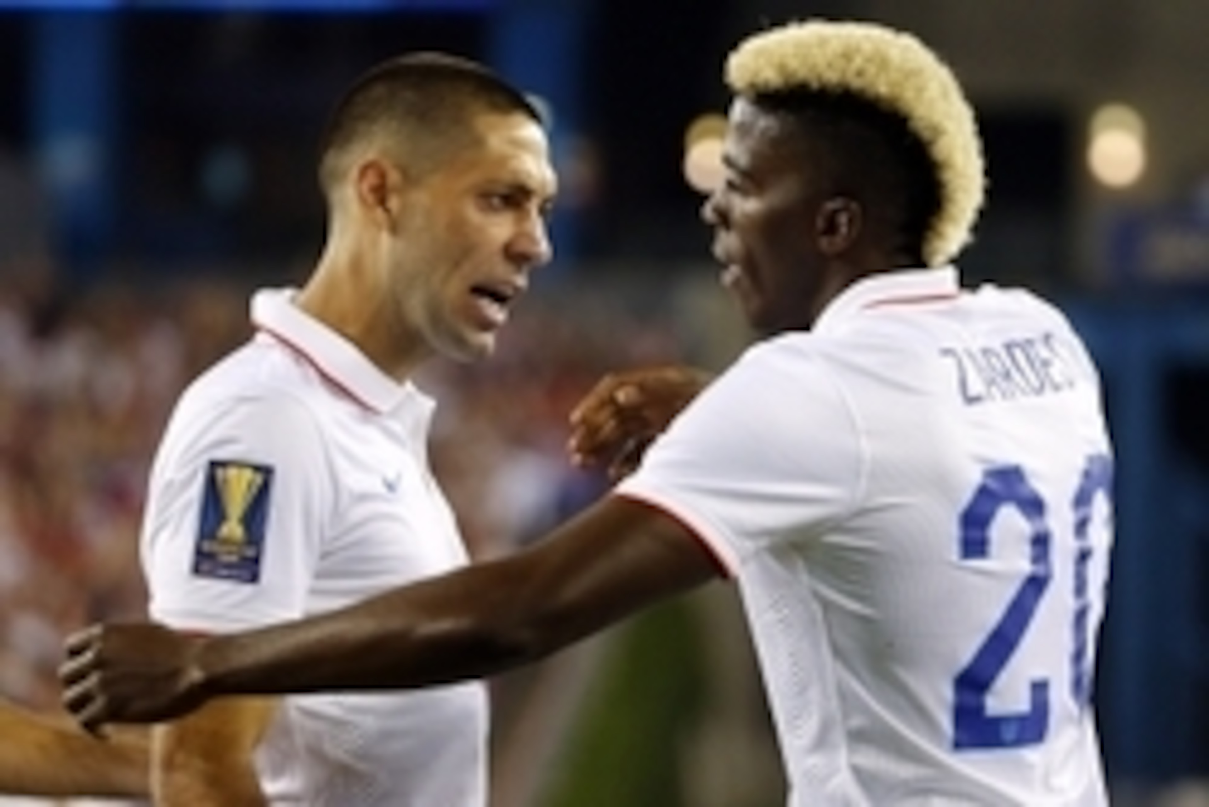 Jul 10, 2015; Foxborough, MA, USA; United States forward Clint Dempsey (8) celebrates his goal with forward Gyasi Zardes (20) who assisted during the second half of  CONCACAF Gold Cup group play against Haiti at Gillette Stadium. Mandatory Credit: Winslow