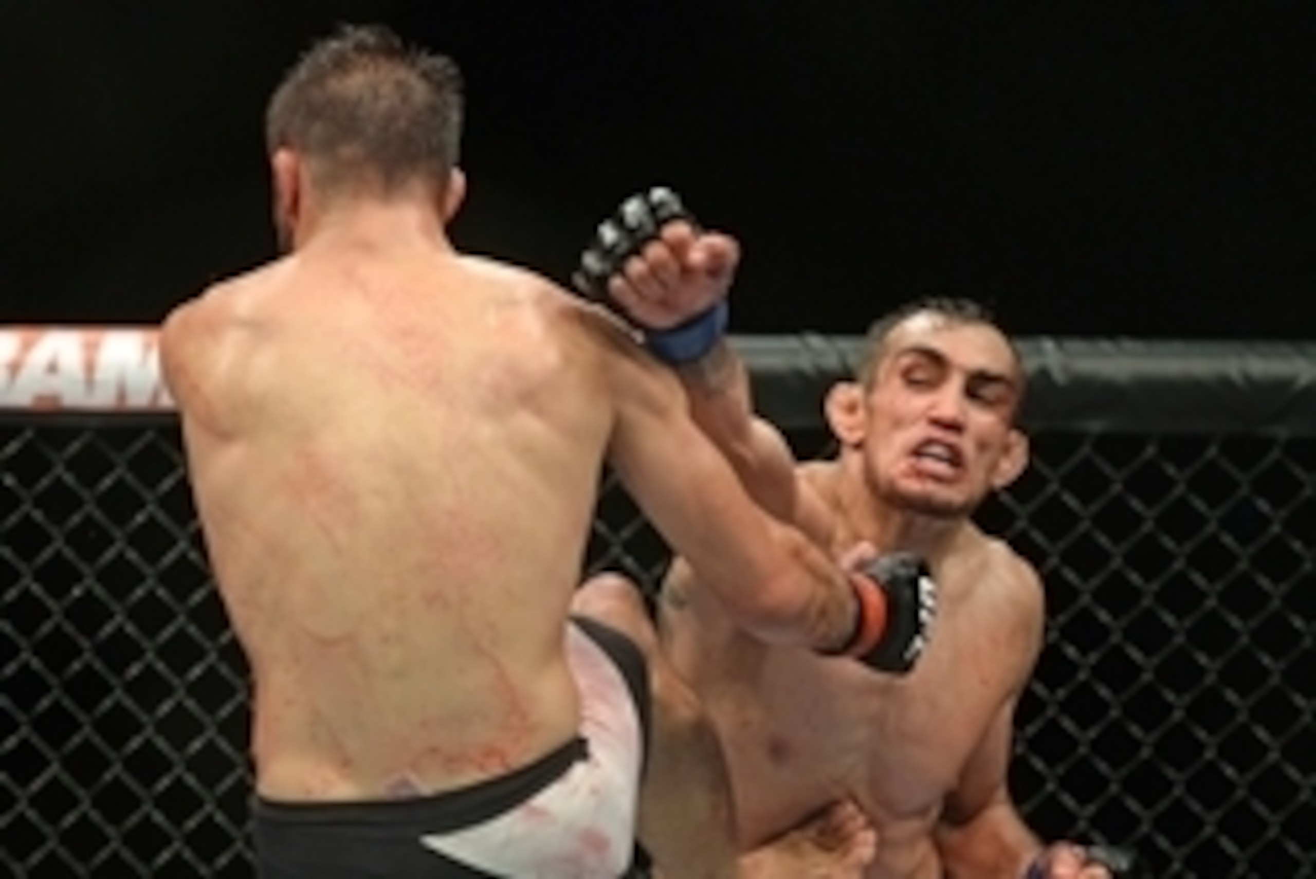 Jul 15, 2015; San Diego, CA, USA; Josh Thomson (red) fights Tony Ferguson (blue) during UFC Fight Night at Valley View Casino Center. Mandatory Credit: Jake Roth-USA TODAY Sports