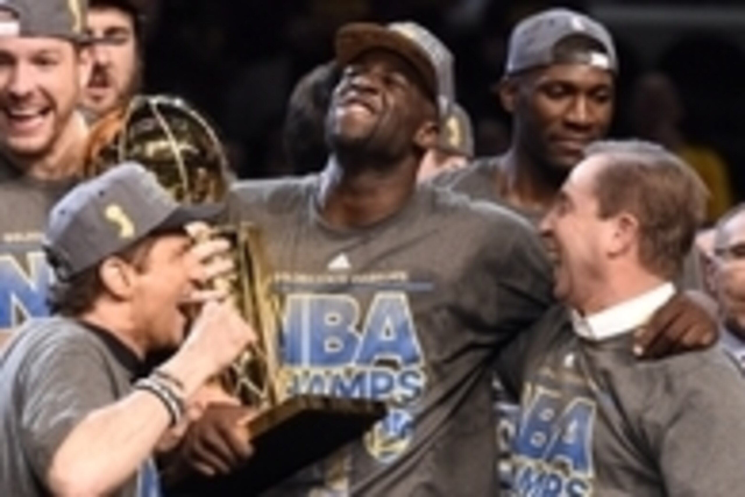 Jun 16, 2015; Cleveland, OH, USA; Golden State Warriors forward Draymond Green (23) celebrates with Golden State Warriors owner Joe Lacob and the Larry O'Brien Trophy after beating the Cleveland Cavaliers in game six of the NBA Finals at Quicken Loans Are Jun 16, 2015; Cleveland, OH, USA; Golden State Warriors forward Draymond Green (23) celebrates with Golden State Warriors owner Joe Lacob and the Larry O'Brien Trophy after beating the Cleveland Cavaliers in game six of the NBA Finals at Quicken Loans Are