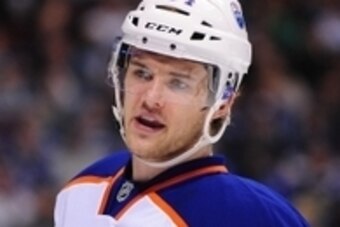 Apr 11, 2015; Vancouver, British Columbia, CAN;  Edmonton Oilers defenseman Oscar Klefbom (84) awaits the start of play against the Vancouver Canucks during the first period at Rogers Arena. Mandatory Credit: Anne-Marie Sorvin-USA TODAY Sports
