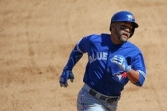 Apr 6, 2015; Bronx, NY, USA;  Toronto Blue Jays second baseman Devon Travis (29) rounds the bases on his home run to left during the seventh inning against the New York Yankees at Yankee Stadium. Mandatory Credit: Anthony Gruppuso-USA TODAY Sports