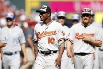 Jul 14, 2015; Cincinnati, OH, USA; American League outfielder Adam Jones (10) of the Baltimore Orioles and third baseman Manny Machado (13) of the Baltimore Orioles prior to the 2015 MLB All Star Game at Great American Ball Park. Mandatory Credit: Frank V