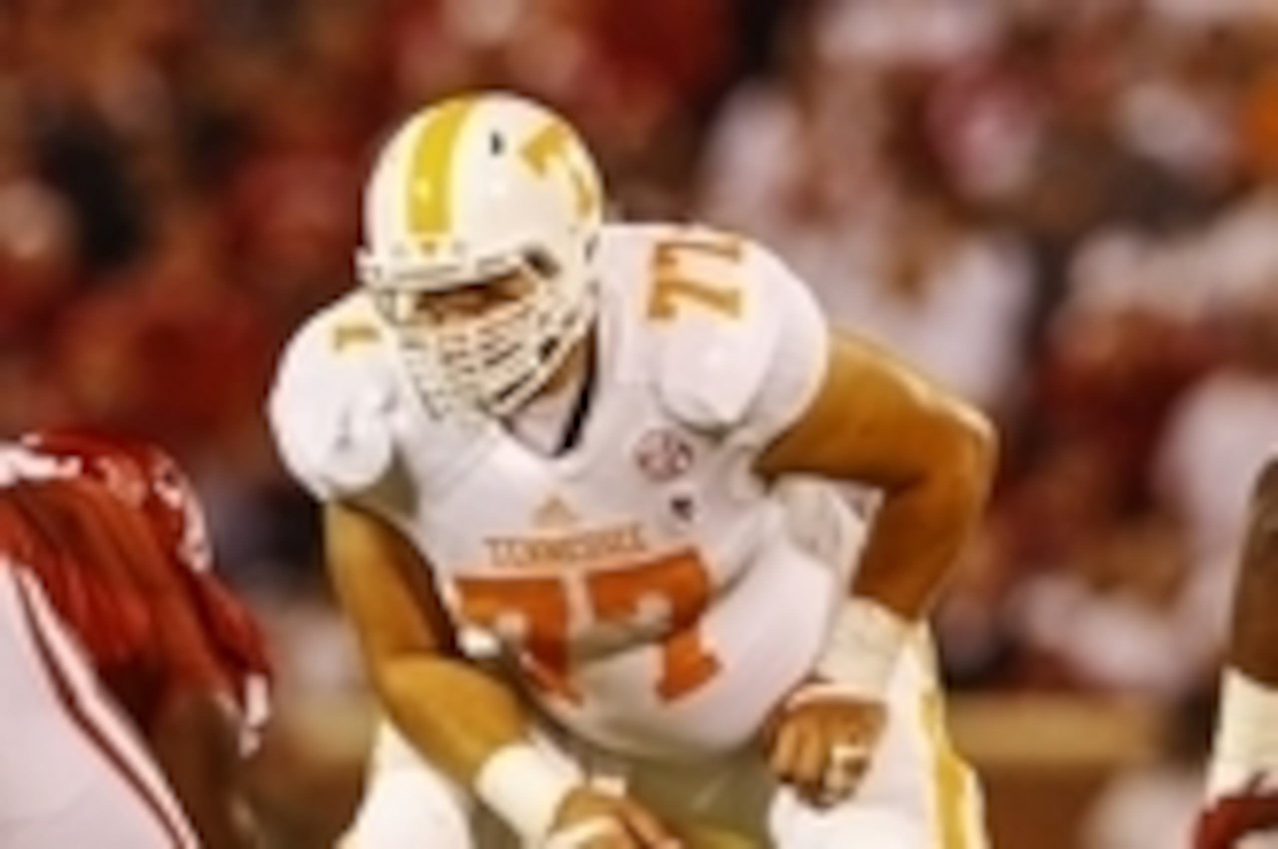Sep 13, 2014; Norman, OK, USA; Tennessee Volunteers offensive linesman Kyler Kerbyson (77) during the game against the Oklahoma Sooners at Gaylord Family - Oklahoma Memorial Stadium. Mandatory Credit: Kevin Jairaj-USA TODAY Sports