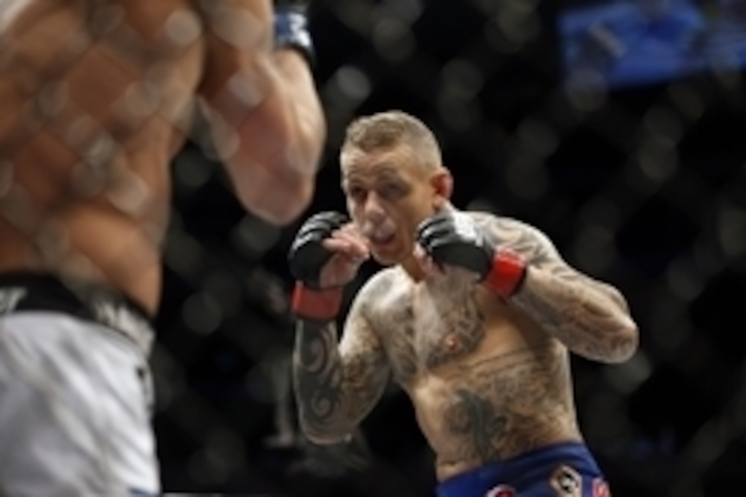 Mar 14, 2015; Dallas, TX, USA; Ross Pearson (red) fights Sam Stout (blue) in a lightweight bout during UFC 185 at American Airlines Center. Mandatory Credit: Tim Heitman-USA TODAY Sports