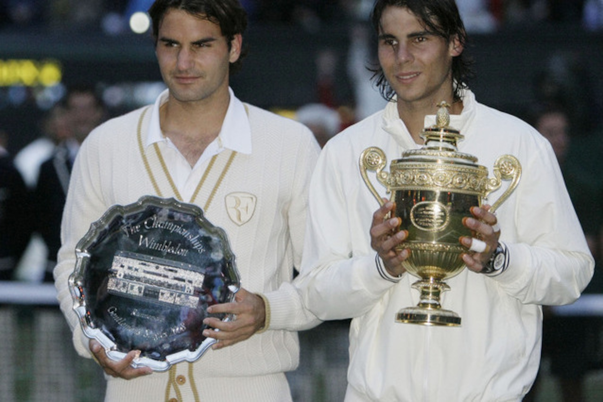 A wistful Roger Federer in 2008 after losing his Wimbledon crown to Rafael Nadal.