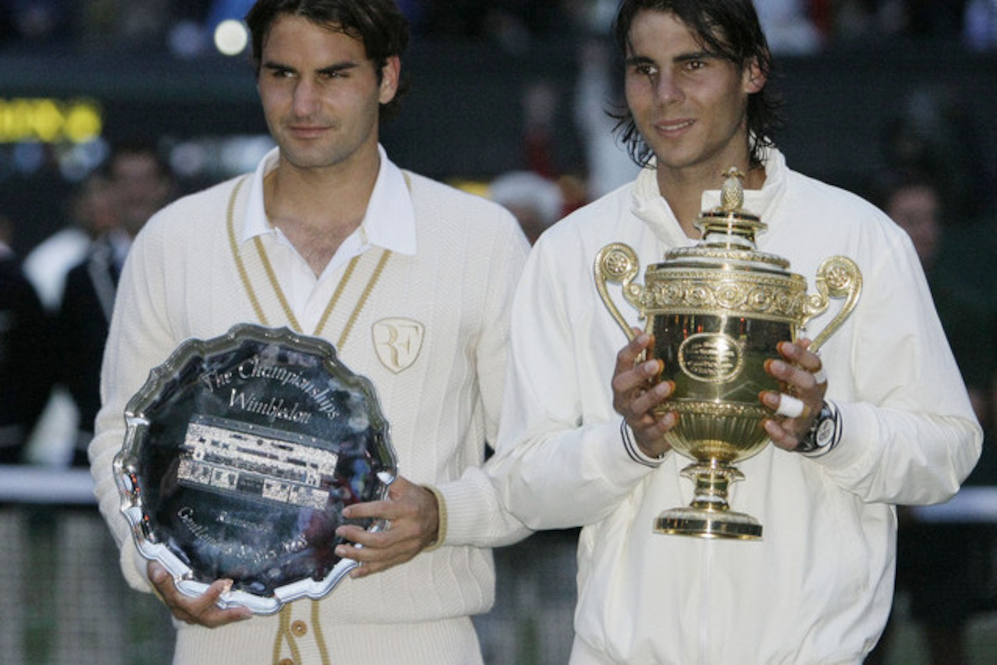 A wistful Roger Federer in 2008 after losing his Wimbledon crown to Rafael Nadal.