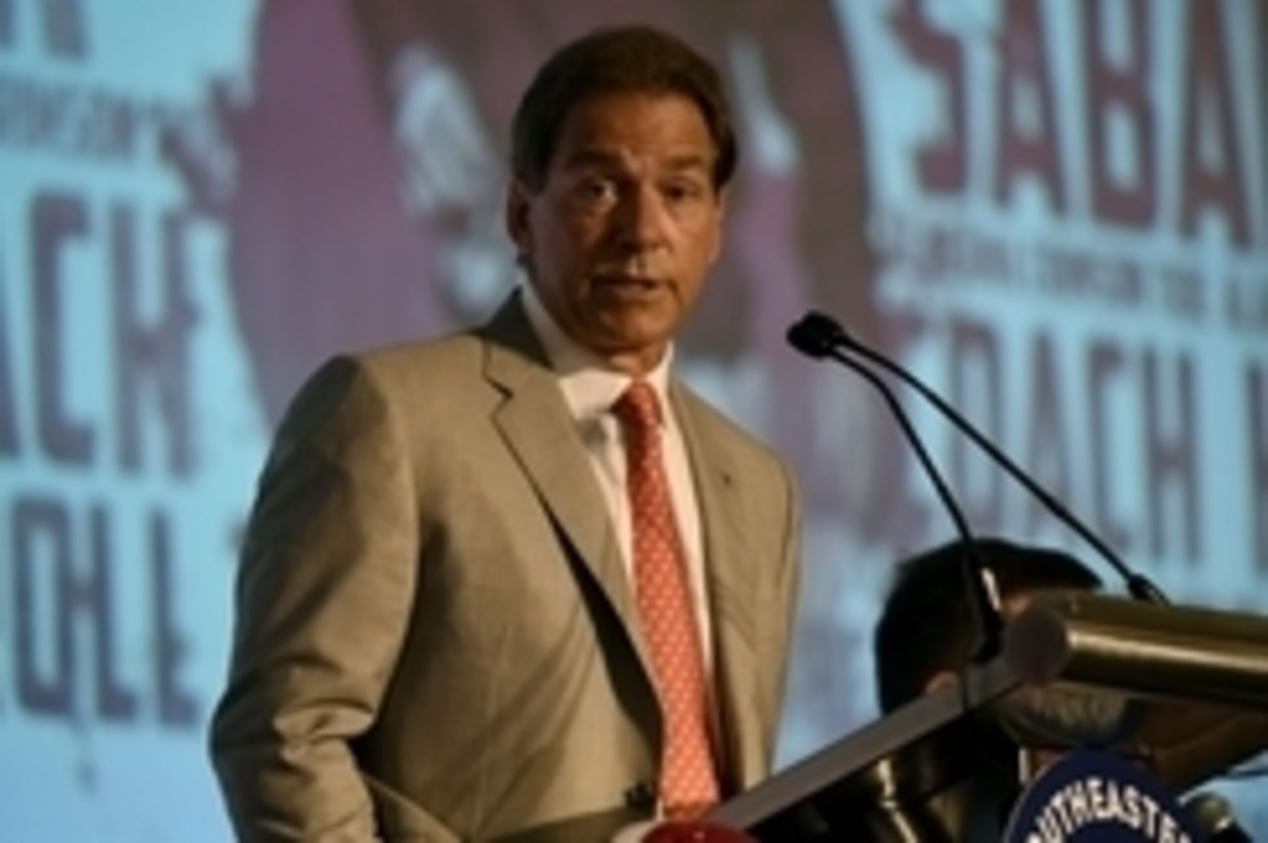 Jul 15, 2015; Birmingham, AL, USA; Alabama Crimson Tide head coach Nick Saban speaks to media during SEC media day at the Wynfrey Hotel. Mandatory Credit: Shanna Lockwood-USA TODAY Sports