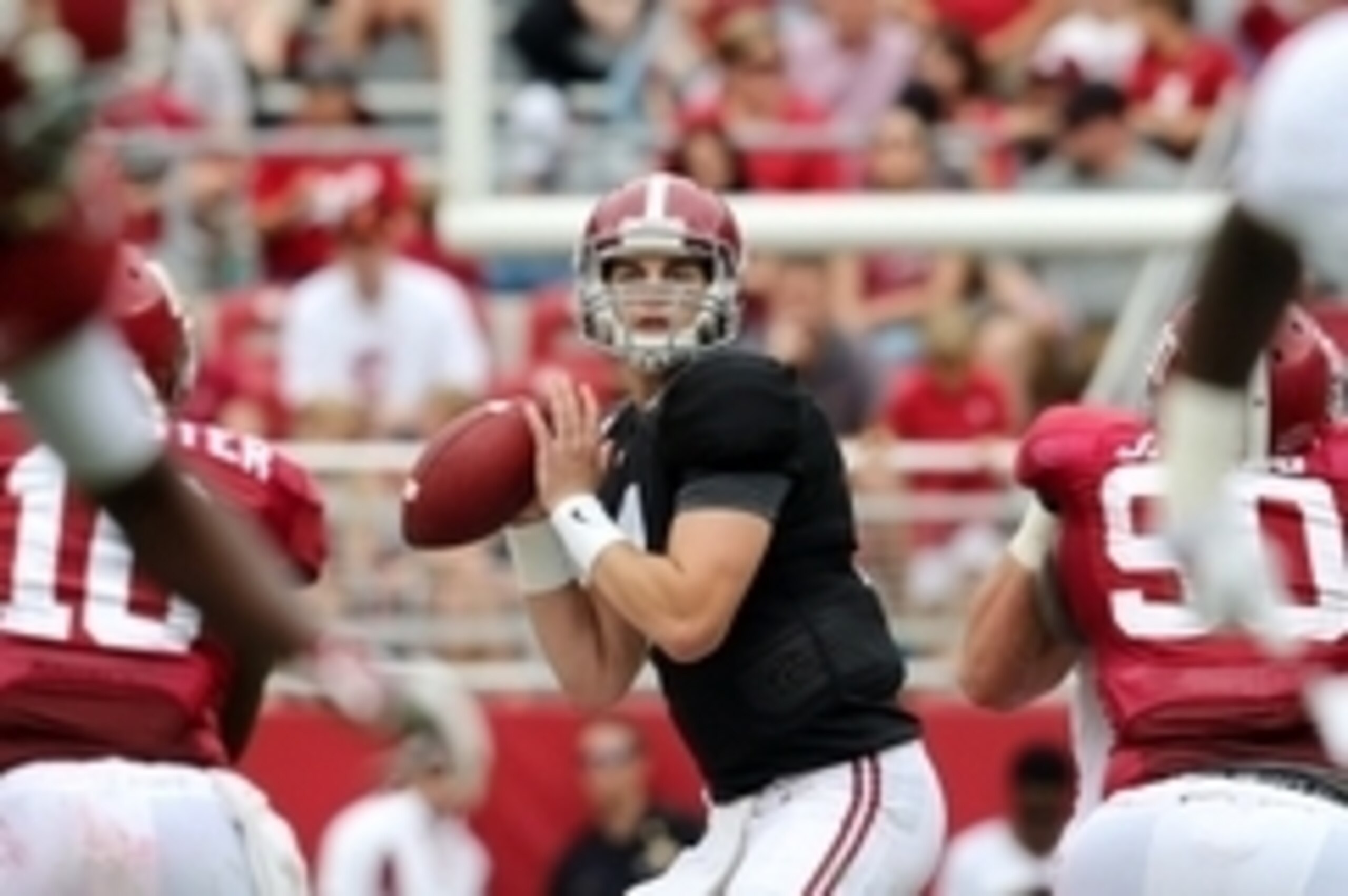Apr 18, 2015; Tuscaloosa, AL, USA; Alabama Crimson Tide quarterback Jake Coker (14) drops back to pass against the crimson team during the annual A-day game at Bryant Denny Stadium. Mandatory Credit: Marvin Gentry-USA TODAY Sports