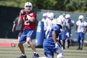 May 27, 2015; Indianapolis, IN, USA; Indianapolis Colts quarterback Andrew Luck (12) throws a pass during OTA at Indiana Farm Bureau Football Center.  Mandatory Credit: Brian Spurlock-USA TODAY Sports