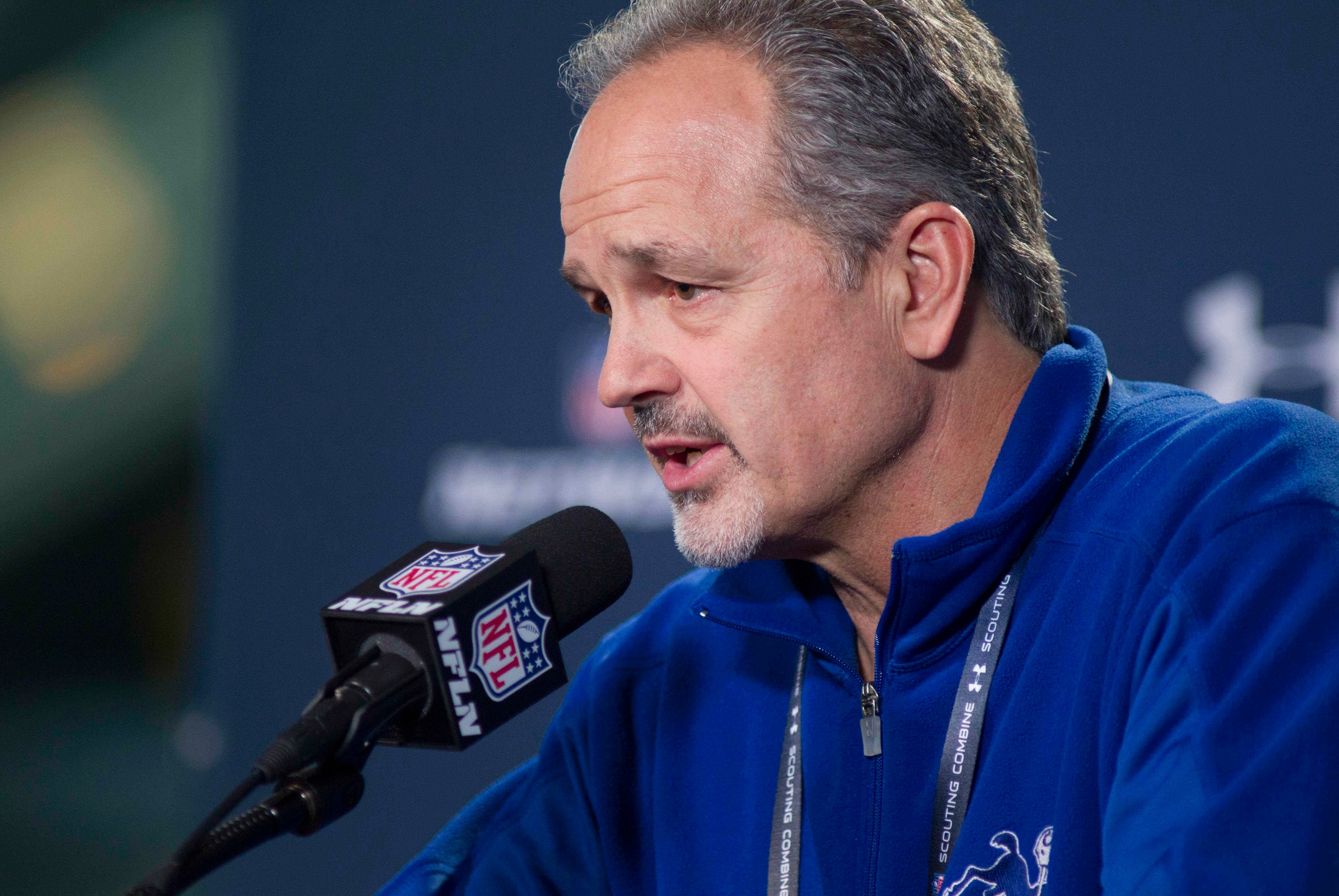 Feb 19, 2015;  Indianapolis, IN, USA; Indianapolis Colts head coach Chuck Pagano speaks to the media at the 2015 NFL Combine at Lucas Oil Stadium. Mandatory Credit: Trevor Ruszkowski-USA TODAY Sports