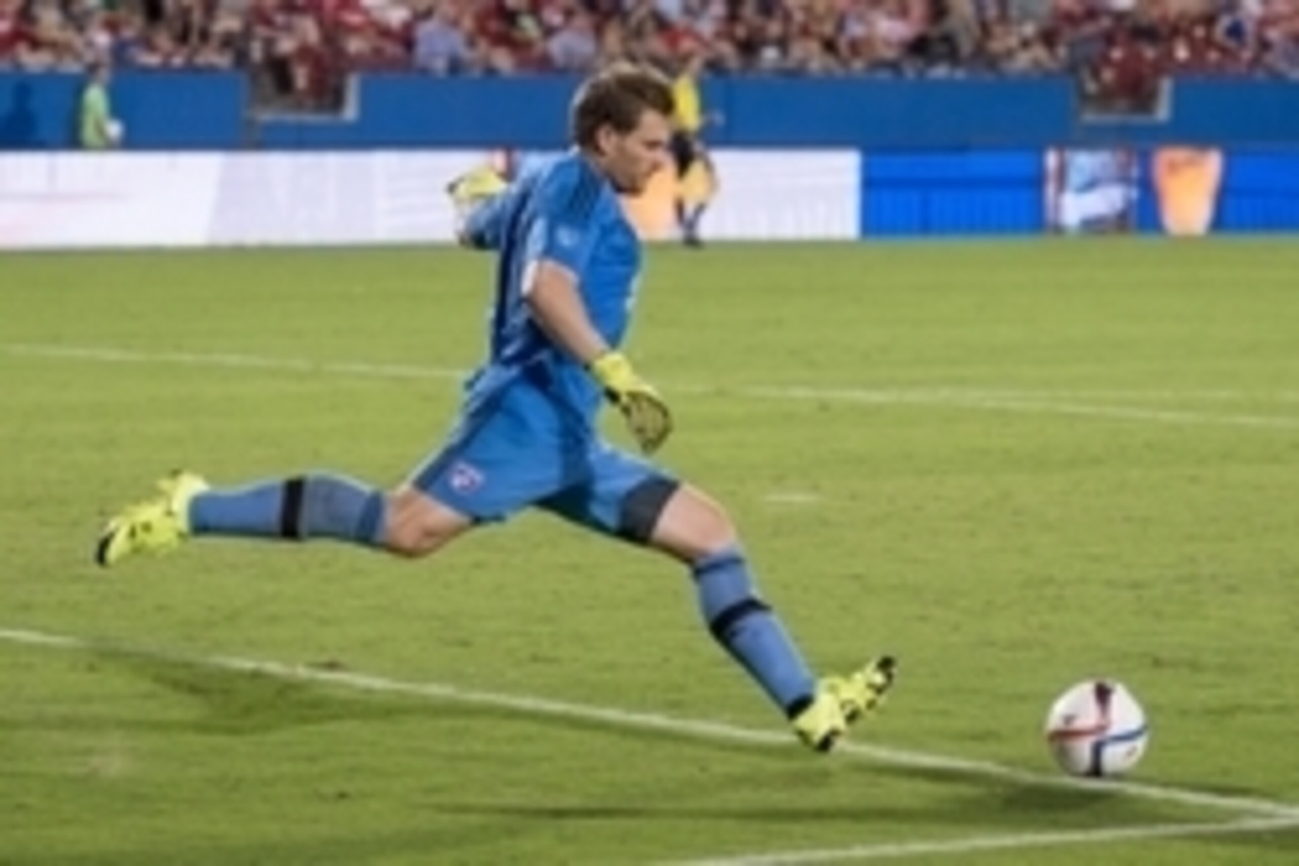 Jul 4, 2015; Dallas, TX, USA; FC Dallas goalkeeper Dan Kennedy (1) punts the ball during the game against the New England Revolution at Toyota Stadium. FC Dallas shuts out the New England Revolution 3-0. Mandatory Credit: Jerome Miron-USA TODAY Sports