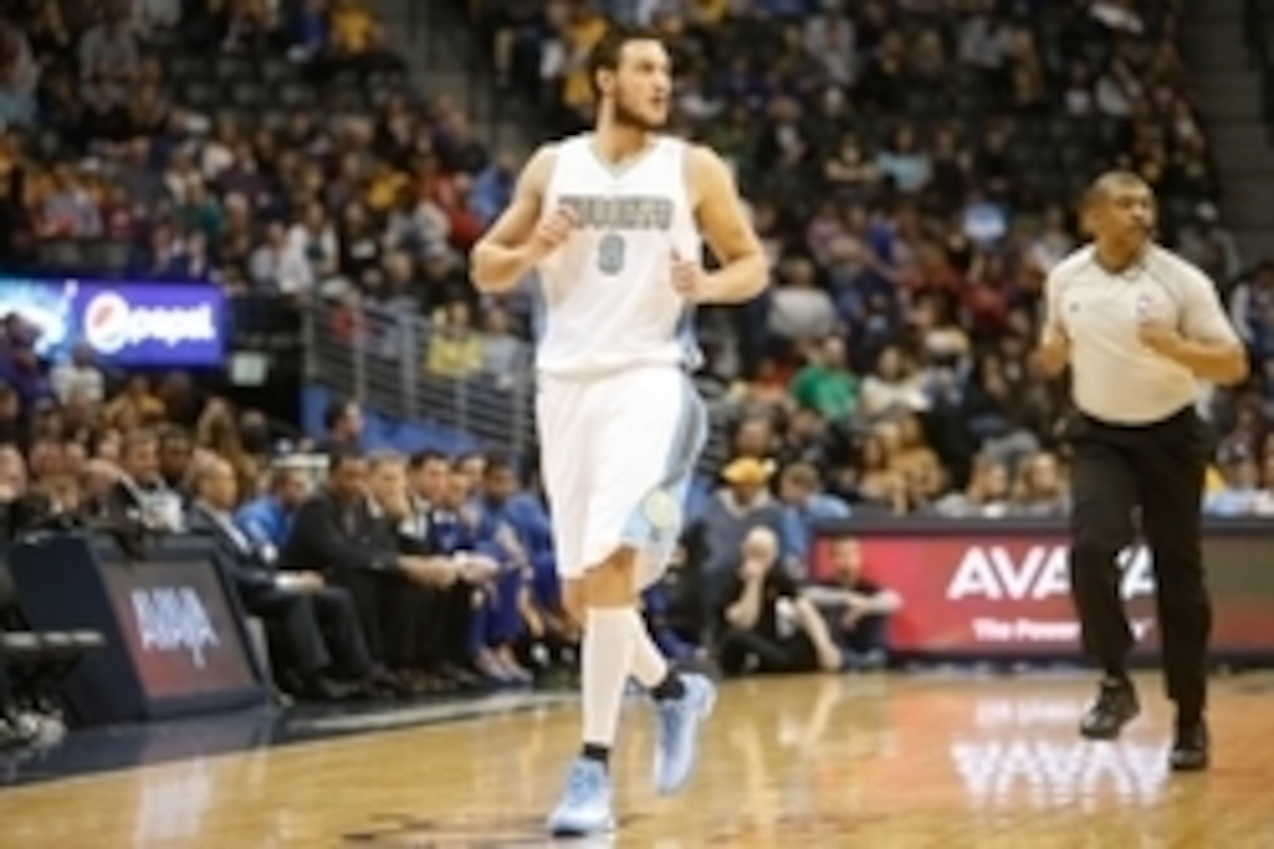 Mar 13, 2015; Denver, CO, USA; Denver Nuggets forward Danilo Gallinari (8) during the game against the Golden State Warriors at Pepsi Center. Mandatory Credit: Chris Humphreys-USA TODAY Sports