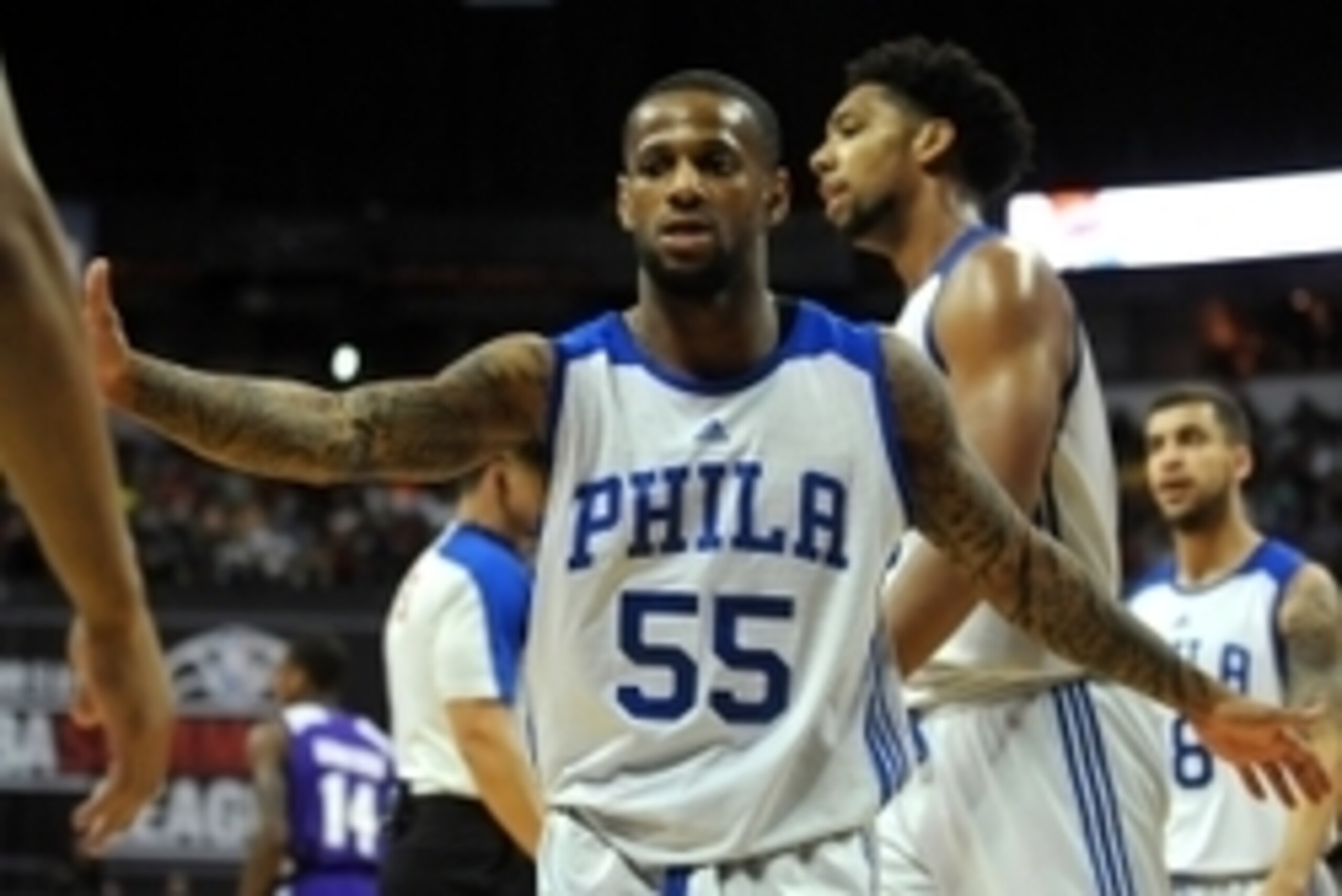 Jul 11, 2015; Las Vegas, NV, USA; Philadelphia 76ers guard Pierre Jackson (55) congratulates teammates after a time out is called during an NBA Summer League game against the Los Angeles Lakers at Thomas & Mack Center. Mandatory Credit: Stephen R. Sylvani