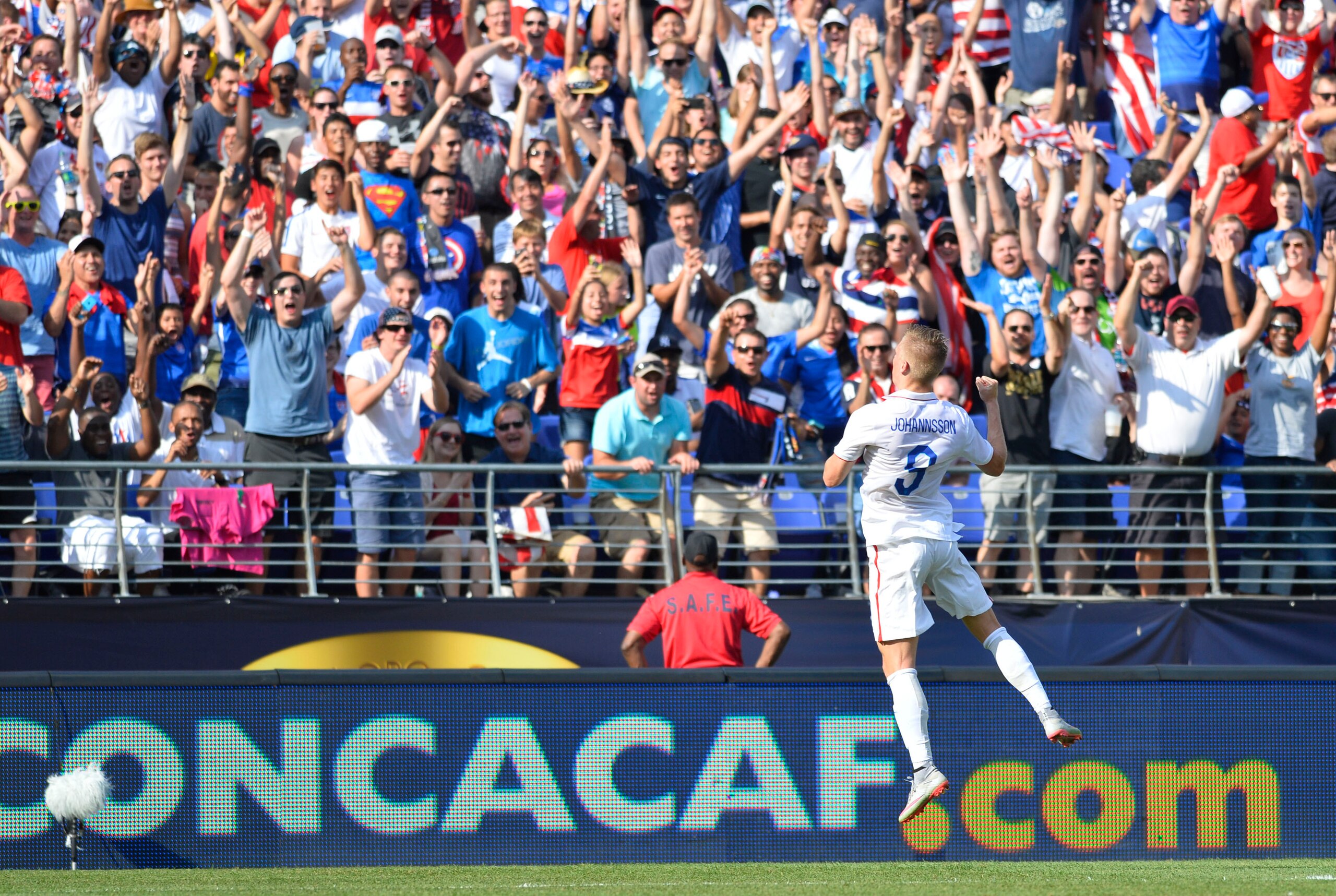 Jul 18, 2015; Baltimore, MD, USA; United States forward Aron Johannsson (9) reacts after scoring during the first half of the  CONCACAF Gold Cup quarterfinal match against the Cuba at M&T Bank Stadium. Mandatory Credit: Tommy Gilligan-USA TODAY Sports