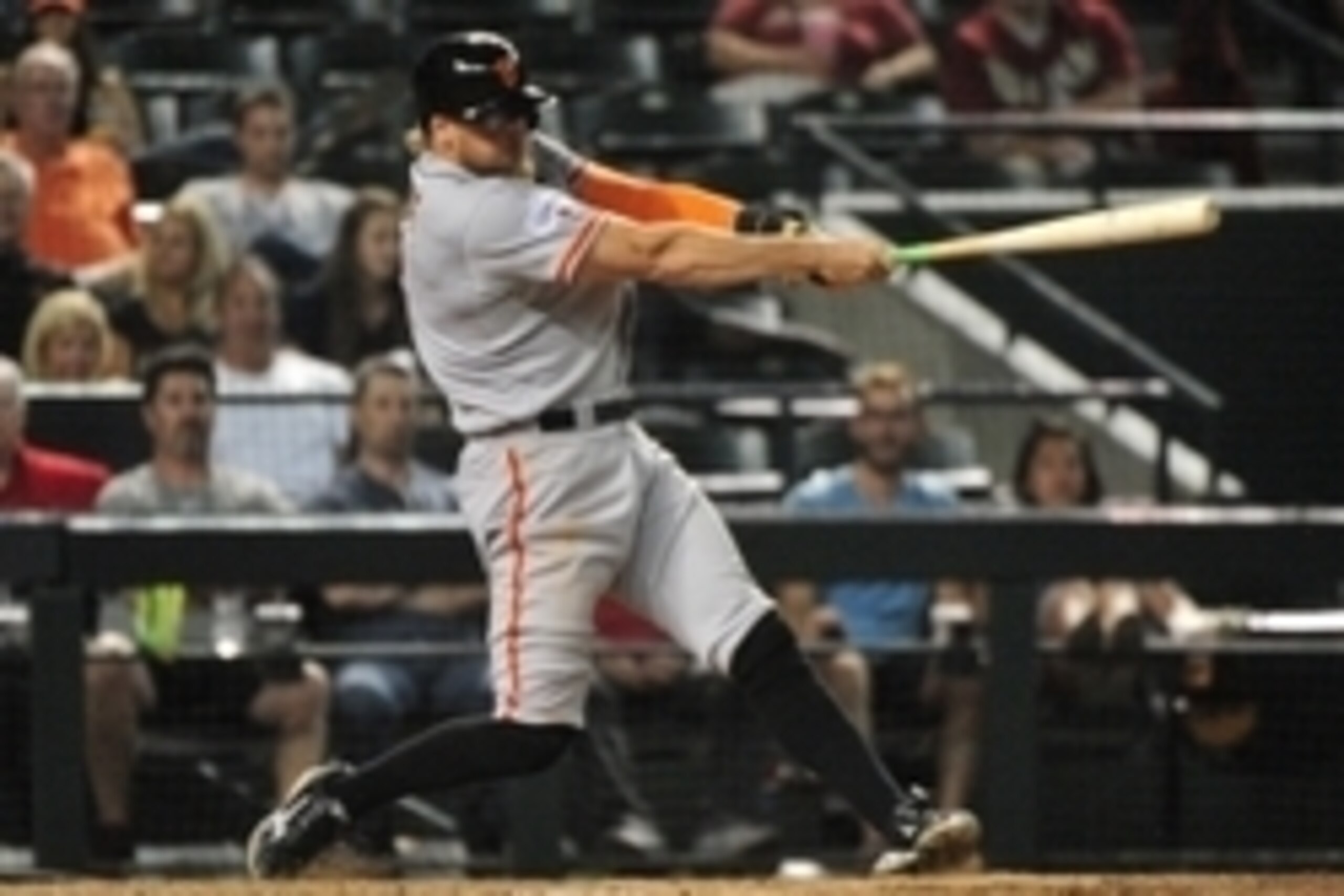 Jul 17, 2015; Phoenix, AZ, USA; San Francisco Giants right fielder Hunter Pence (8) hits a two run home run in the seventh inning against the Arizona Diamondbacks at Chase Field. Mandatory Credit: Matt Kartozian-USA TODAY Sports