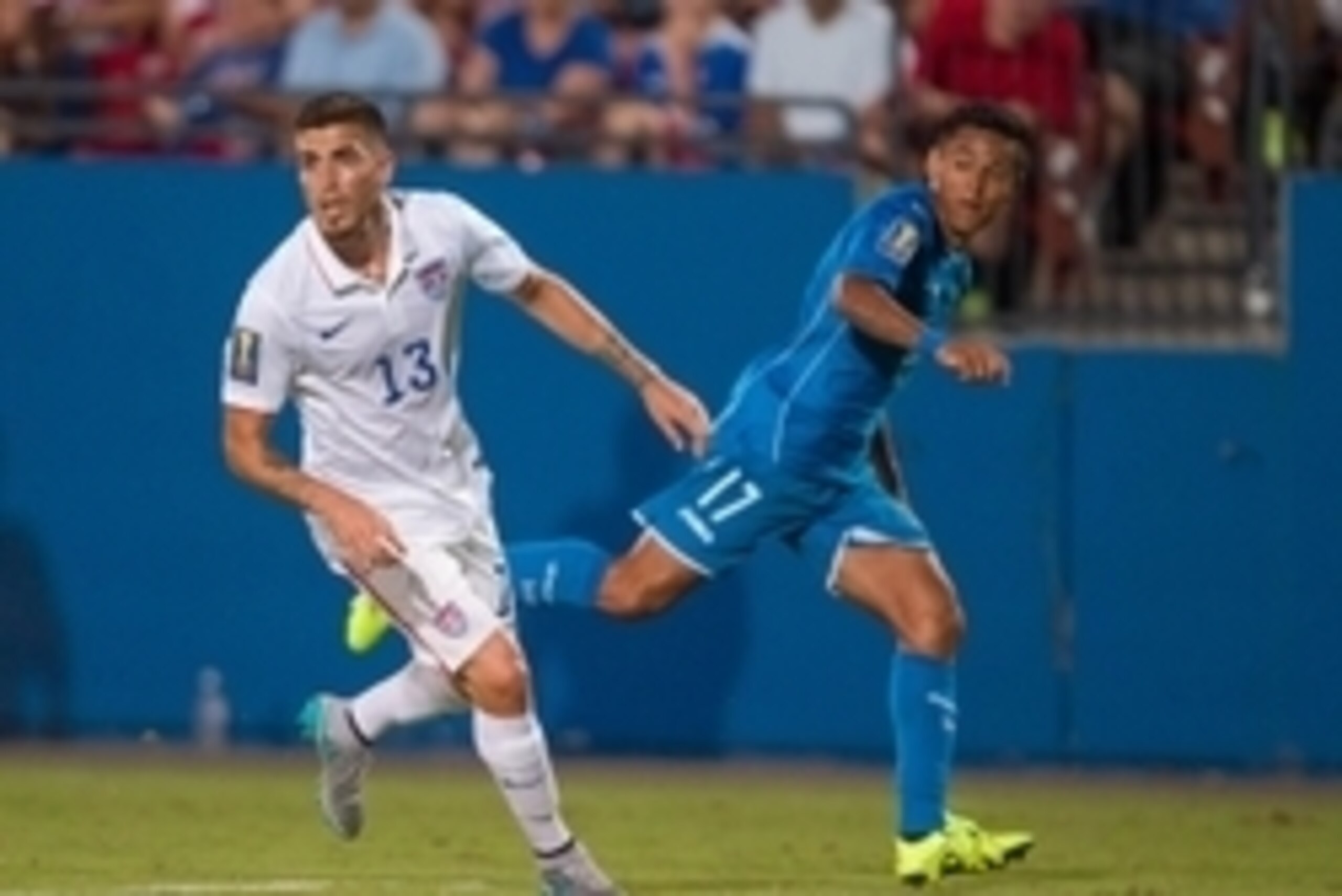 Jul 7, 2015; Dallas, TX, USA; United States defender Ventura Alvarado (13) and Honduras midfielder Andy Najar (17) during the 2015 Gold Cup soccer match at Toyota Stadium. United States defeats Honduras 2-1. Mandatory Credit: Jerome Miron-USA TODAY Sports
