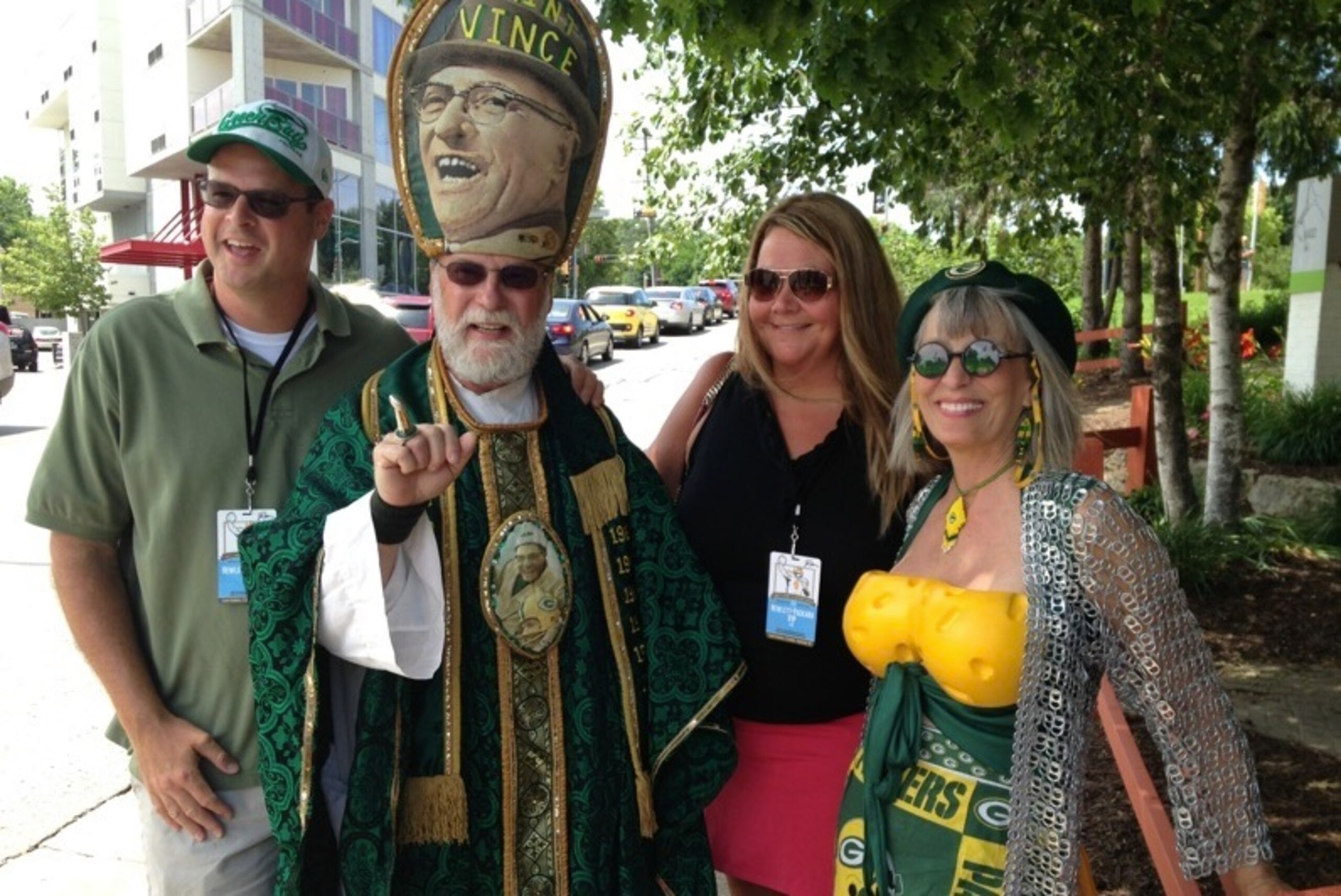 John O'Neill and Mary Beth Johnson appear with a couple new-found fans of their costumes.