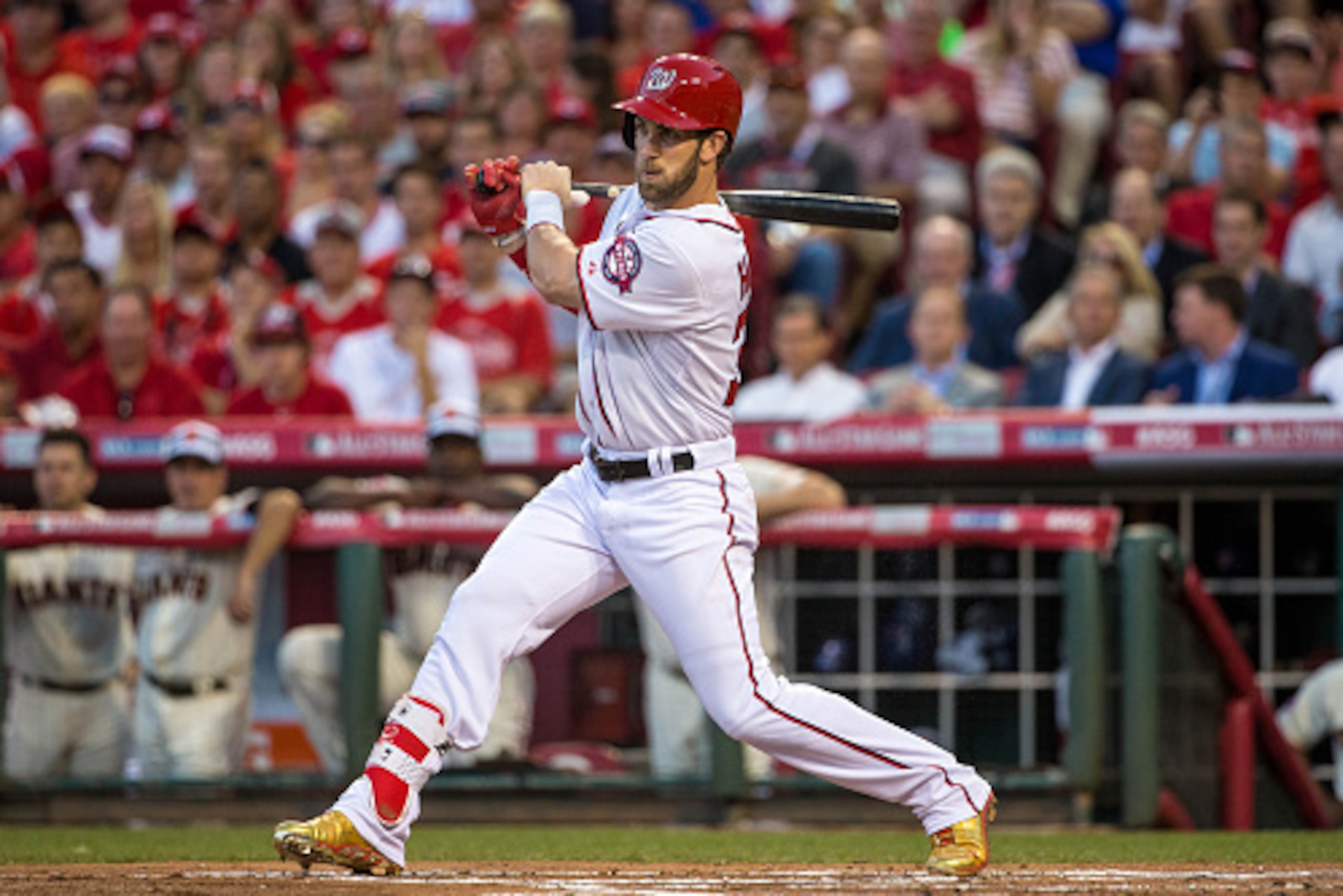 CINCINNATI, OH- JULY 14: National League All-Star Bryce Harper #34 of the Washington Nationals bats during the 86th MLB All-Star Game at the Great American Ball Park on July 14, 2015 in Cincinnati, Ohio. The American League defeated the National League 6-