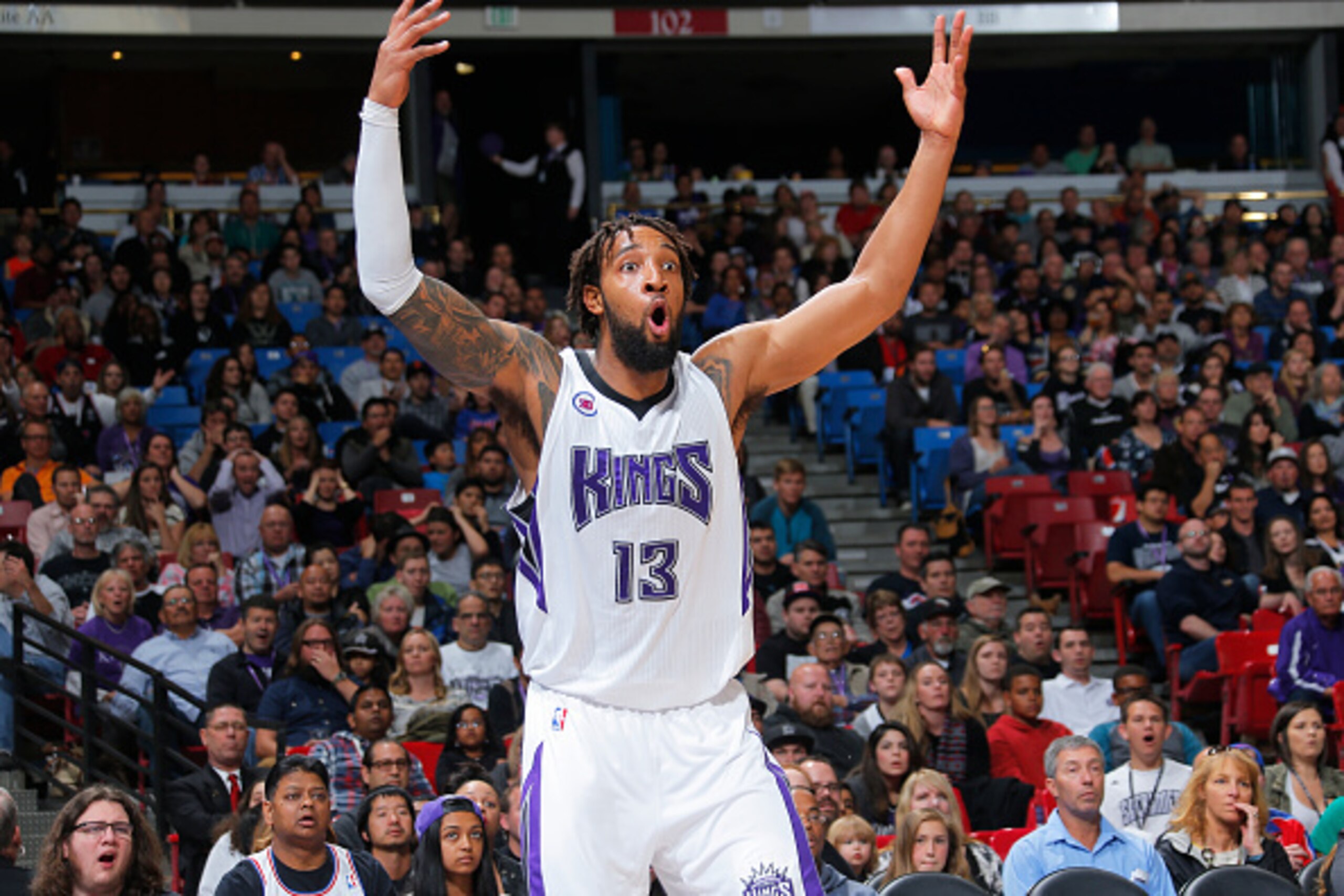SACRAMENTO, CA - APRIL 5: Derrick Williams #13 of the Sacramento Kings reacts during the game against the Utah Jazz on April 5, 2015 at Sleep Train Arena in Sacramento, California. NOTE TO USER: User expressly acknowledges and agrees that, by downloading SACRAMENTO, CA - APRIL 5: Derrick Williams #13 of the Sacramento Kings reacts during the game against the Utah Jazz on April 5, 2015 at Sleep Train Arena in Sacramento, California. NOTE TO USER: User expressly acknowledges and agrees that, by downloading