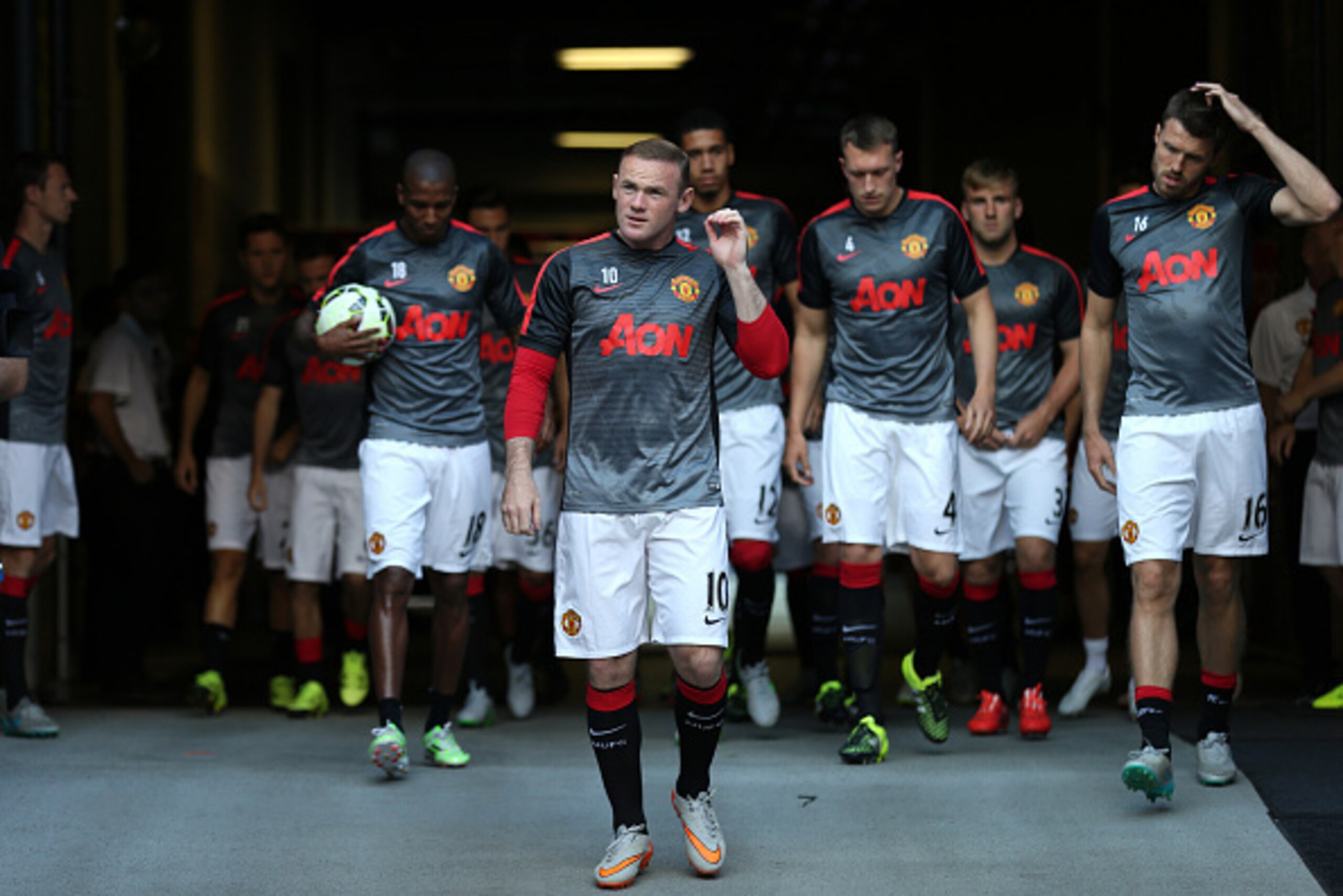 SEATTLE, UNITED STATES - JULY 17:  Wayne Rooney of Manchester United leads the team out for the warm up during the International Champions Cup 2015 match between Club America and Manchester United  at CenturyLink Field on July 17, 2015 in Seattle, Washing