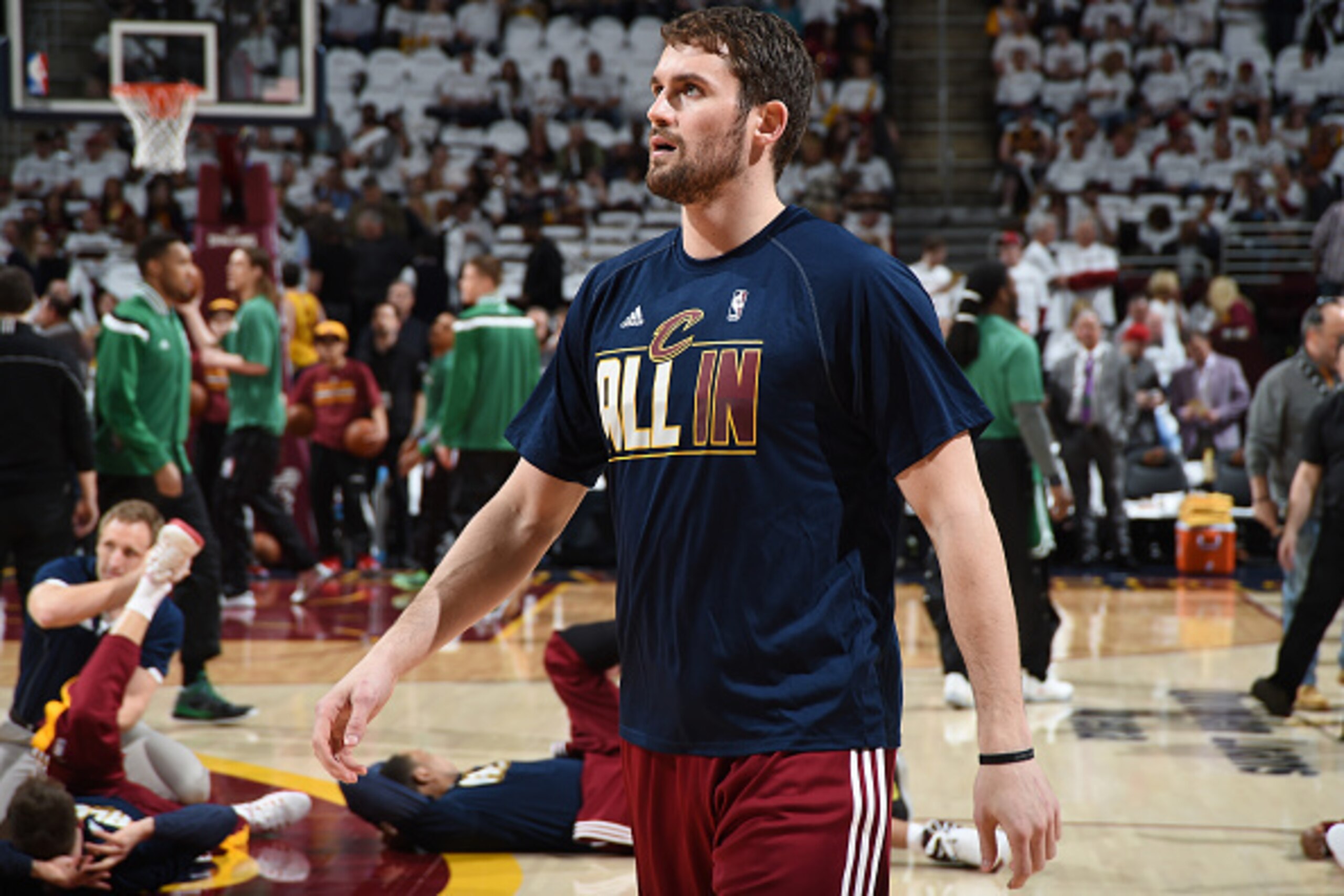 CLEVELAND, OH - APRIL 21:  Kevin Love #0 of the Cleveland Cavaliers warms up before Game Two of the Eastern Conference Quarterfinals against the Boston Celtics during the 2015 NBA Playoffs on April 21, 2015 at Quicken Loans Arena in Cleveland, Ohio. NOTE 