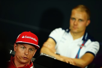 MONTE-CARLO, MONACO - MAY 20:  Valtteri Bottas of Finland and Williams (rear) and Kimi Raikkonen of Finland and Ferrari (front) attend the drivers press conference during previews to the Monaco Formula One Grand Prix at Circuit de Monaco on May 20, 2015 i