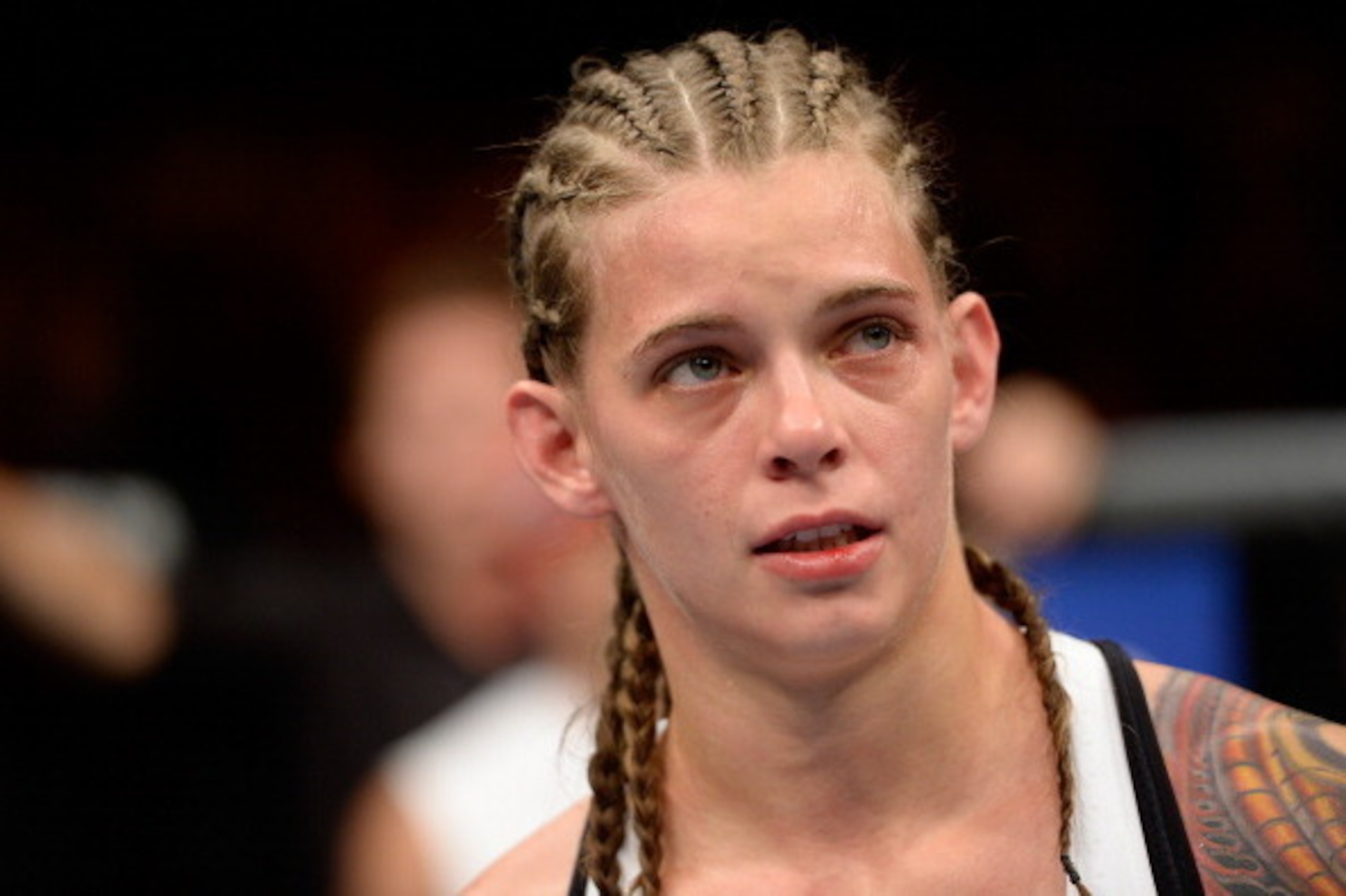 ATLANTIC CITY, NJ - JULY 16:  Jessamyn Duke looks on after being defeated by Leslie Smith in their women's bantamweight bout during the UFC Fight Night event at Revel Casino on July 16, 2014 in Atlantic City, New Jersey. (Photo by Jeff Bottari/Zuffa LLC/Z