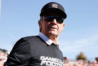 CLEMSON, SC - NOVEMBER 29: Head Coach Steve Spurrier of the South Carolina Gamecocks looks on prior to their game against the Clemson Tigers at Memorial Stadium on November 29, 2014 in Clemson, South Carolina. (Photo by Tyler Smith/Getty Images)
