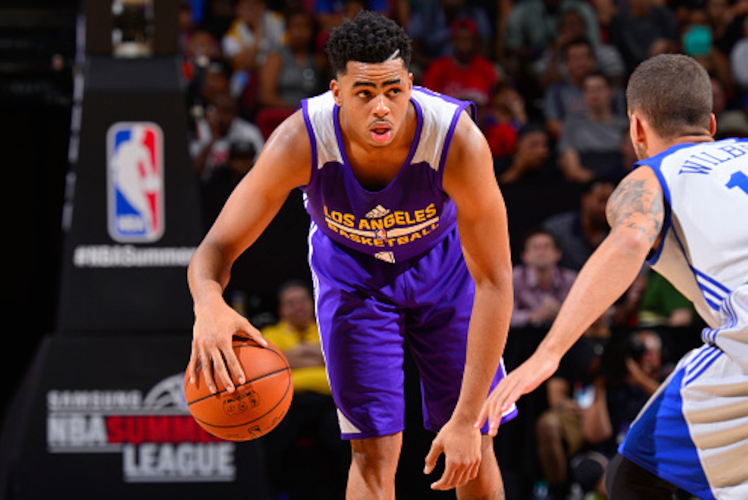 LAS VEGAS, NV - JULY 11: D'Angelo Russell #1 of the Los Angeles Lakers handles the ball against the Philadelphia 76ers on July 11, 2015 at the Cox Pavilion in Las Vegas, Nevada. NOTE TO USER: User expressly acknowledges and agrees that, by downloading and