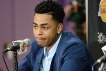 Jun 29, 2015; Los Angeles, CA, USA; Los Angeles Lakers guard D'Angelo Russell (1) talks to the media during a press conference at the Toyota Sports Center. Mandatory Credit: Jayne Kamin-Oncea-USA TODAY Sports
