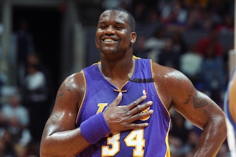LOS ANGELES - MARCH 17:  Shaquille O'Neal #34 of the Los Angeles Lakers smiles during the NBA game against the Los Angeles Clippers at Staples Center on March 17, 2003 in Los Angeles, California.  The Lakers won 102-85.  NOTE TO USER:  User expressly ackn