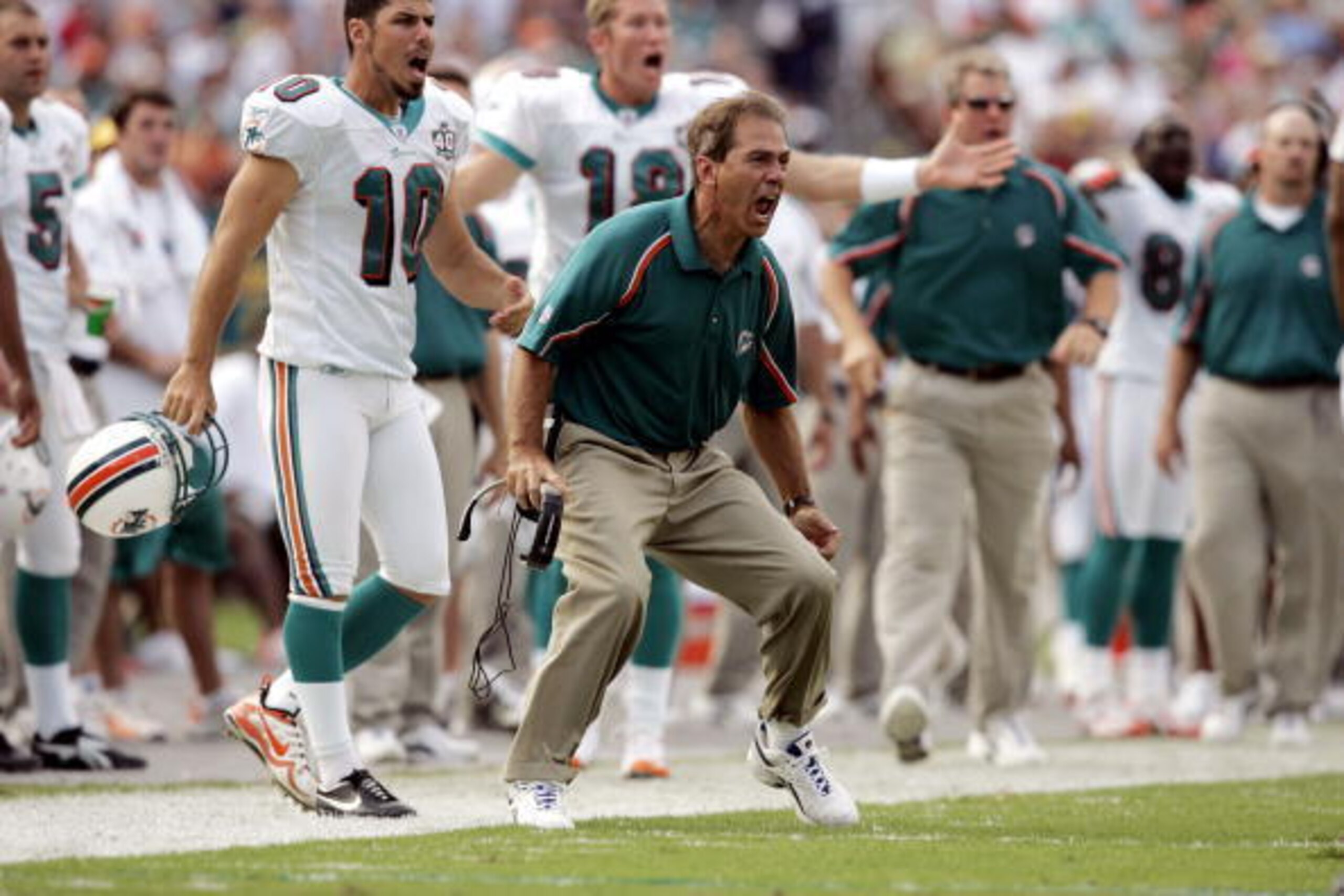 MIAMI, FL - NOVEMBER 13: Nick Saban head coach of the Miami Dolphins argues a pass interference call against his team against the New England Patriots at Dolphins Stadium on November 13, 2005 in Miami, Florida. The Patriots defeated the Dolphins 23-16. ( MIAMI, FL - NOVEMBER 13: Nick Saban head coach of the Miami Dolphins argues a pass interference call against his team against the New England Patriots at Dolphins Stadium on November 13, 2005 in Miami, Florida. The Patriots defeated the Dolphins 23-16. (