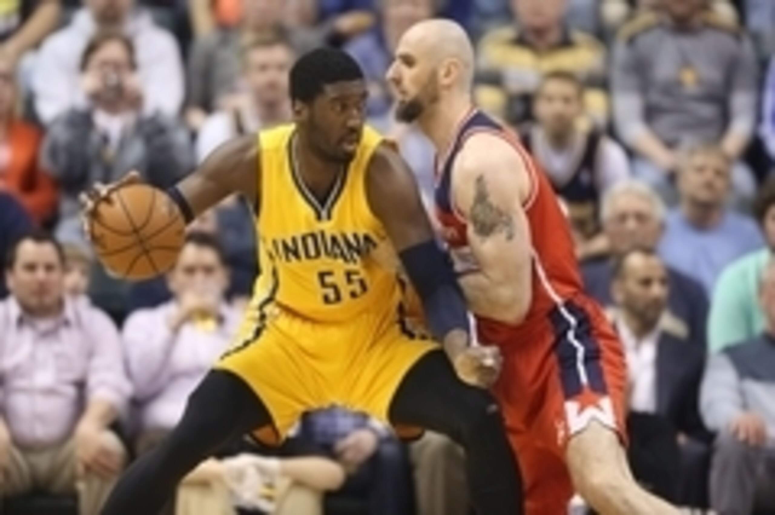 Apr 14, 2015; Indianapolis, IN, USA; Indiana Pacers center Roy Hibbert (55) posts up against Washington Wizards center Marcin Gortat (4) at Bankers Life Fieldhouse. Mandatory Credit: Brian Spurlock-USA TODAY Sports Apr 14, 2015; Indianapolis, IN, USA; Indiana Pacers center Roy Hibbert (55) posts up against Washington Wizards center Marcin Gortat (4) at Bankers Life Fieldhouse. Mandatory Credit: Brian Spurlock-USA TODAY Sports