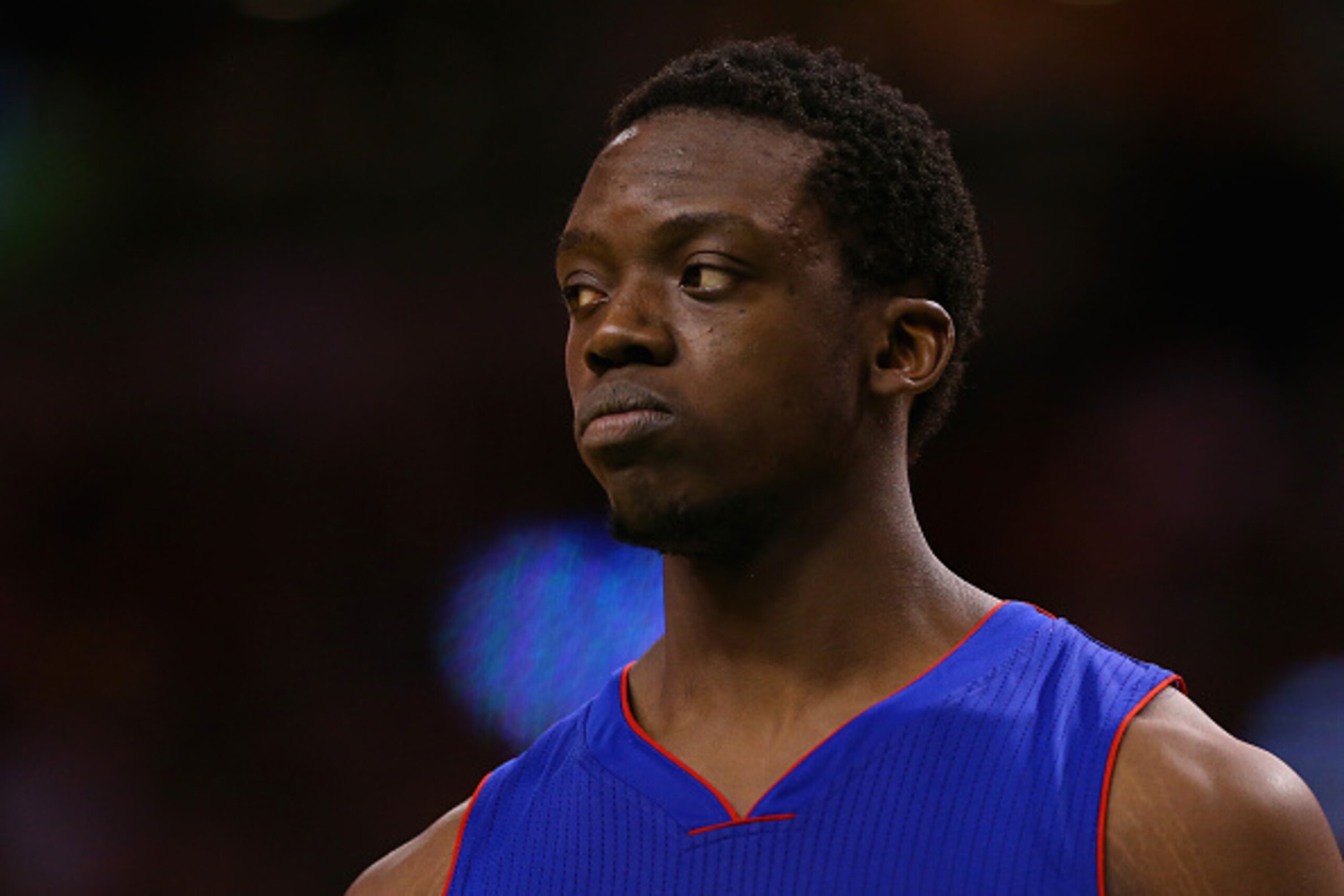 BOSTON, MA - MARCH 22:  Reggie Jackson #1 of the Detroit Pistons looks on during the fourth quarter at TD Garden on March 22, 2015 in Boston, Massachusetts.The Pistons defeat the Celtics 105-97.  NOTE TO USER: User expressly acknowledges and agrees that, 