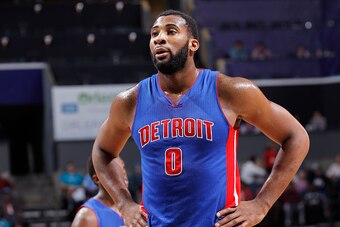 CHARLOTTE, NC - APRIL 1: Andre Drummond #0 of the Detroit Pistons looks on during the game against the Charlotte Hornets on April 1, 2015 at Time Warner Cable Arena in Charlotte, North Carolina. NOTE TO USER: User expressly acknowledges and agrees that, b