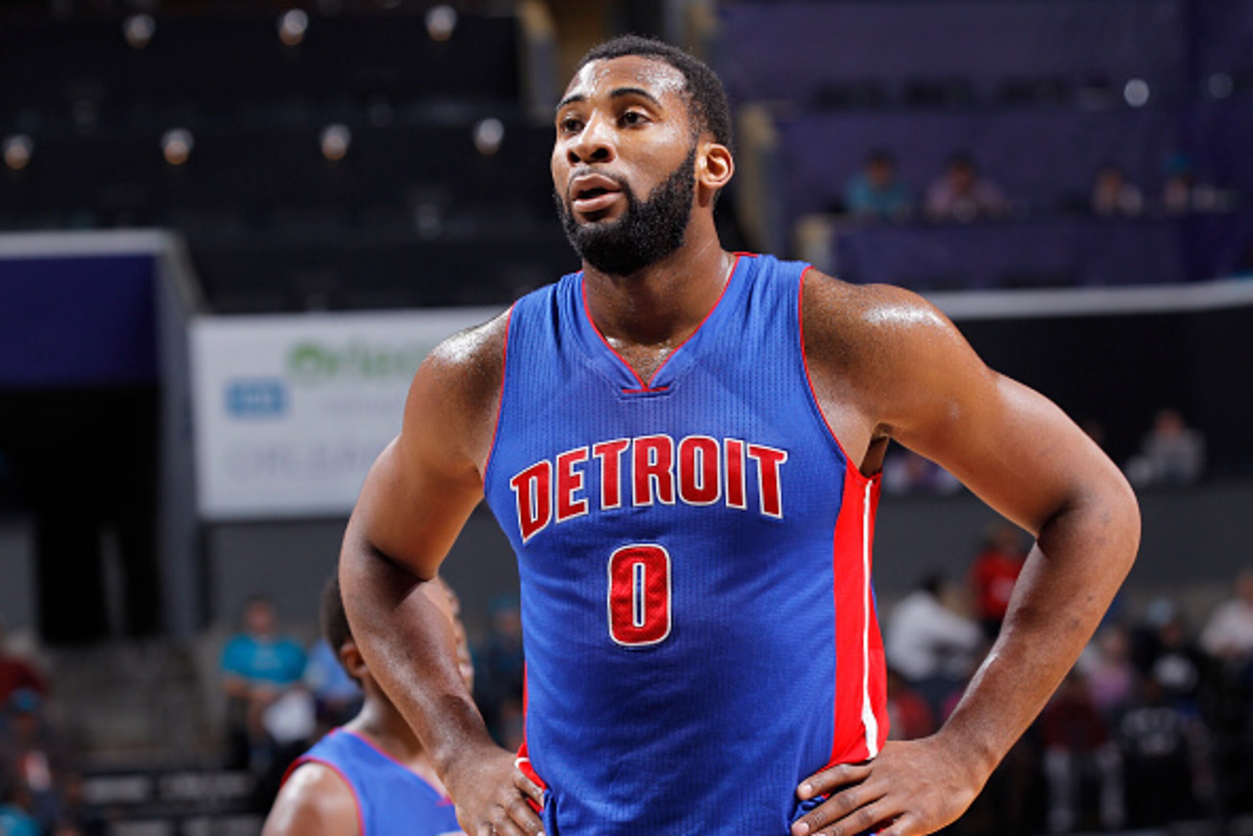 CHARLOTTE, NC - APRIL 1: Andre Drummond #0 of the Detroit Pistons looks on during the game against the Charlotte Hornets on April 1, 2015 at Time Warner Cable Arena in Charlotte, North Carolina. NOTE TO USER: User expressly acknowledges and agrees that, b