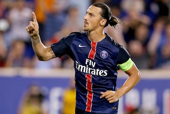 HARRISON, NJ - JULY 21:  Zlatan Ibrahimovic #10 of Paris Saint-Germain celebrates his goal in the second half against AFC Fiorentina during the International Champions Cup at Red Bull Arena on July 21, 2015 in Harrison, New Jersey.Paris Saint-Germain defe