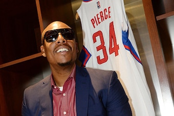 LOS ANGELES, CA - JULY 21: Paul Pierce #34 of the Los Angeles Clippers sits in the locker room before the press conference at STAPLES Center on July 21, 2015 in Los Angeles, California. NOTE TO USER: User expressly acknowledges and agrees that, by downloa