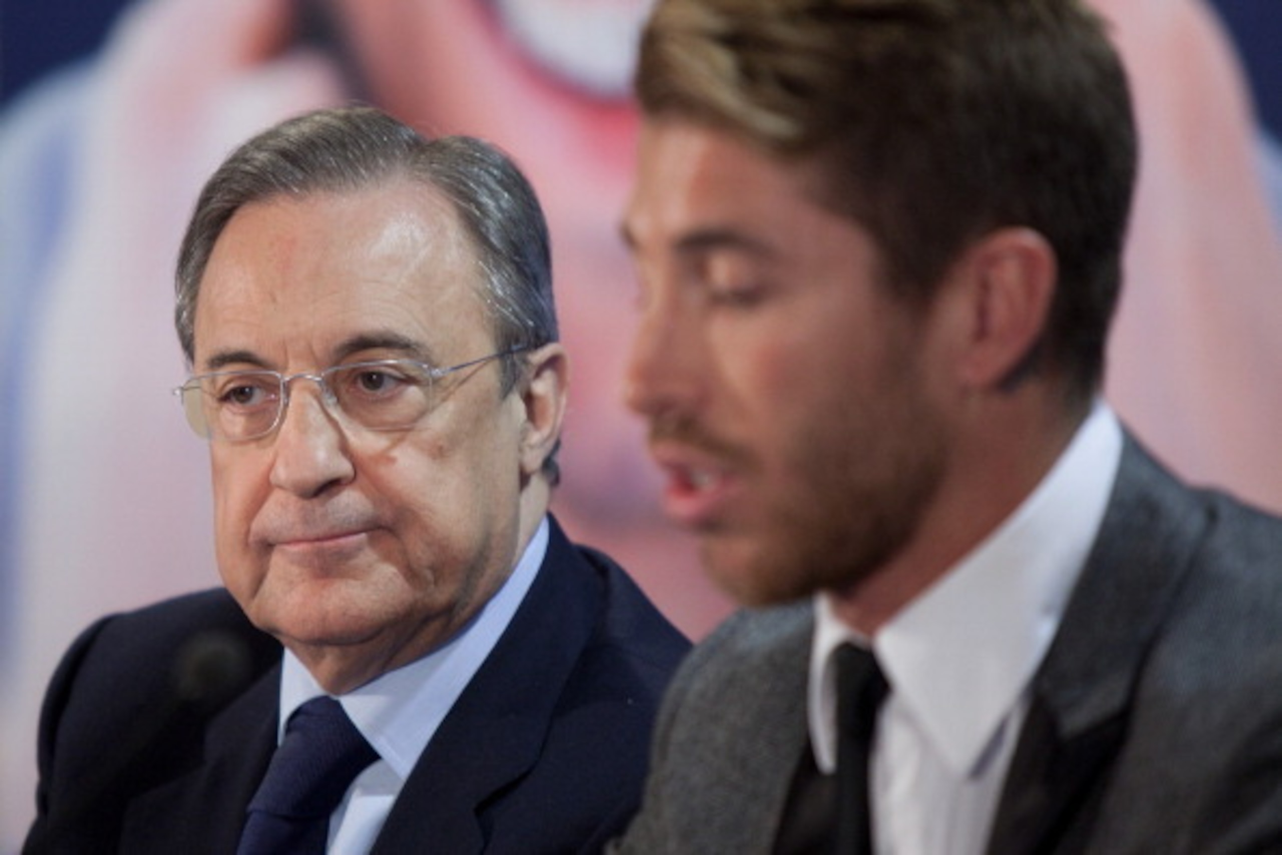 MADRID, SPAIN - DECEMBER 10:  (L-R) Real Madrid President Florentino Perez and Real Madrid football player Sergio Ramos presents new book 'Sergio Ramos. Corazon, Caracter y Pasion' at Estadio Santiago Bernabeu on December 10, 2012 in Madrid, Spain.  (Phot