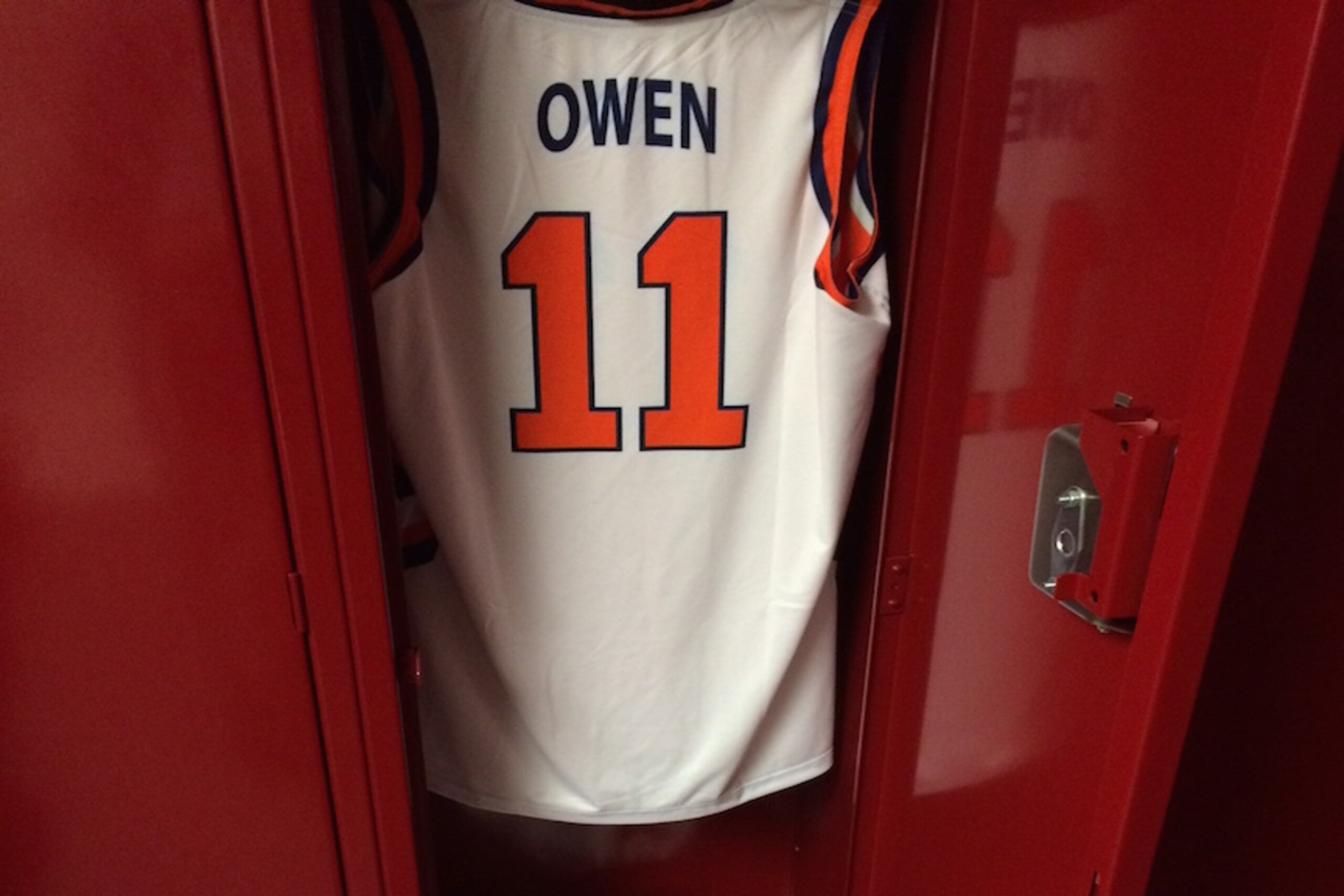 Owen's jersey hanging in the Boeheim's Army locker room
