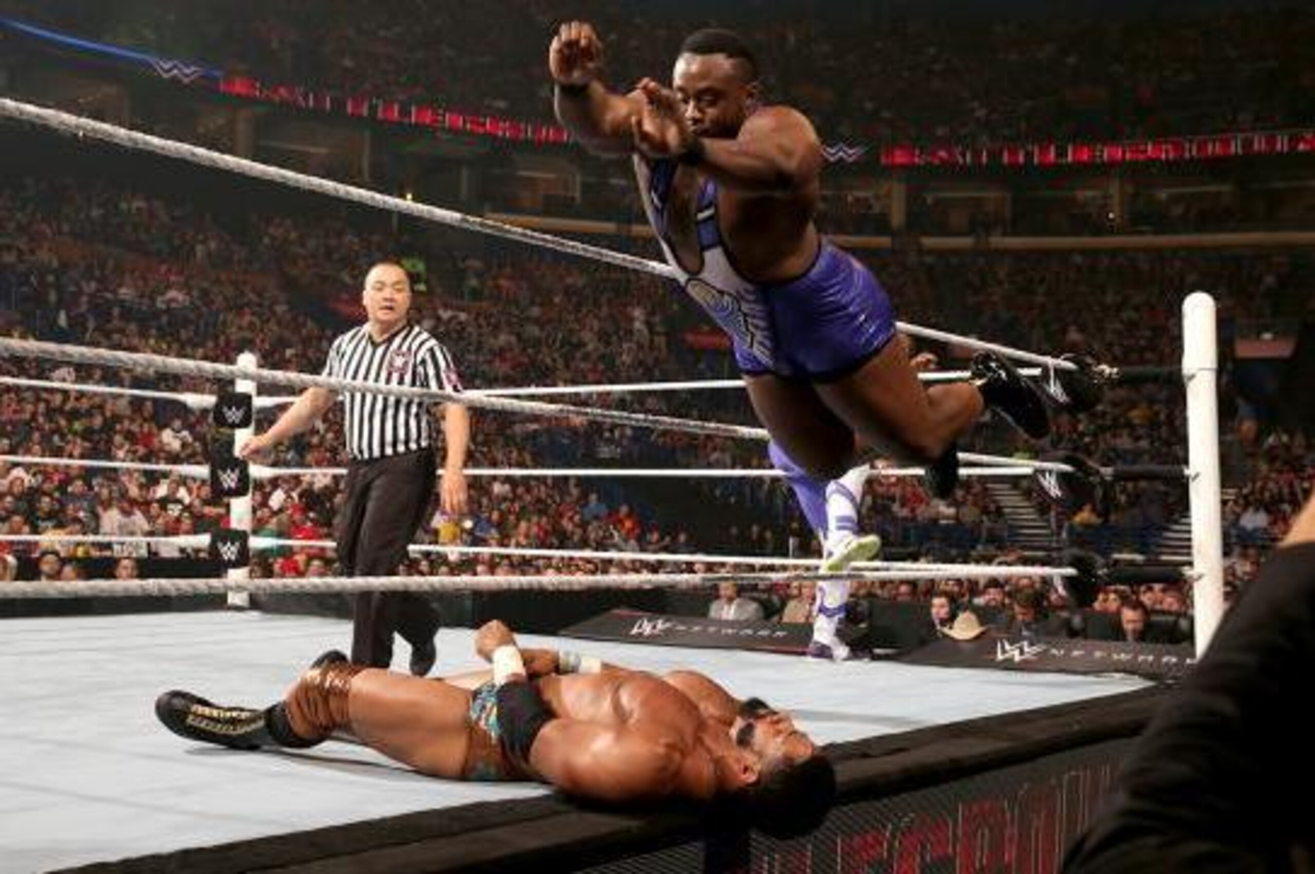Big E hits Darren Young with a splash.