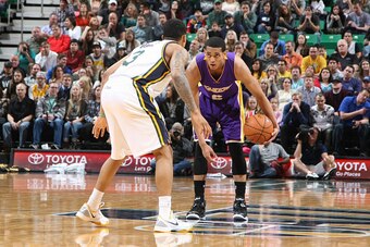 SALT LAKE CITY, UT - JANUARY 16: Jordan Clarkson #6 of the Los Angeles Lakers handles the ball against the Utah Jazz at EnergySolutions Arena on January 16, 2015 in Salt Lake City, Utah. NOTE TO USER: User expressly acknowledges and agrees that, by downlo