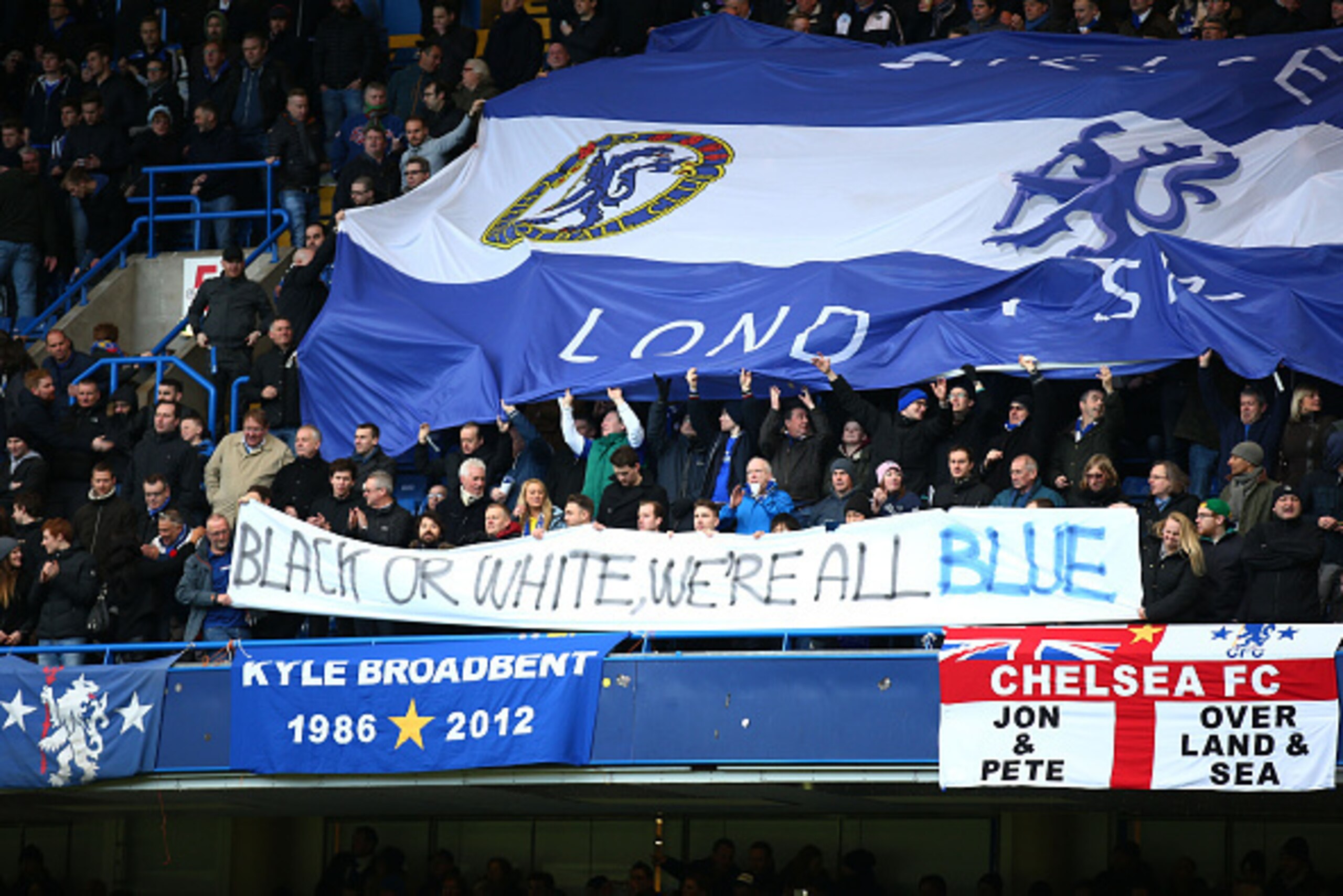 LONDON, ENGLAND - FEBRUARY 21: Chelsea fans hold up an Anti Racism banner prior to kickoff during the Barclays Premier League match between Chelsea and Burnley at Stamford Bridge on February 21, 2015 in London, England. (Photo by Paul Gilham/Getty Image LONDON, ENGLAND - FEBRUARY 21: Chelsea fans hold up an Anti Racism banner prior to kickoff during the Barclays Premier League match between Chelsea and Burnley at Stamford Bridge on February 21, 2015 in London, England. (Photo by Paul Gilham/Getty Image