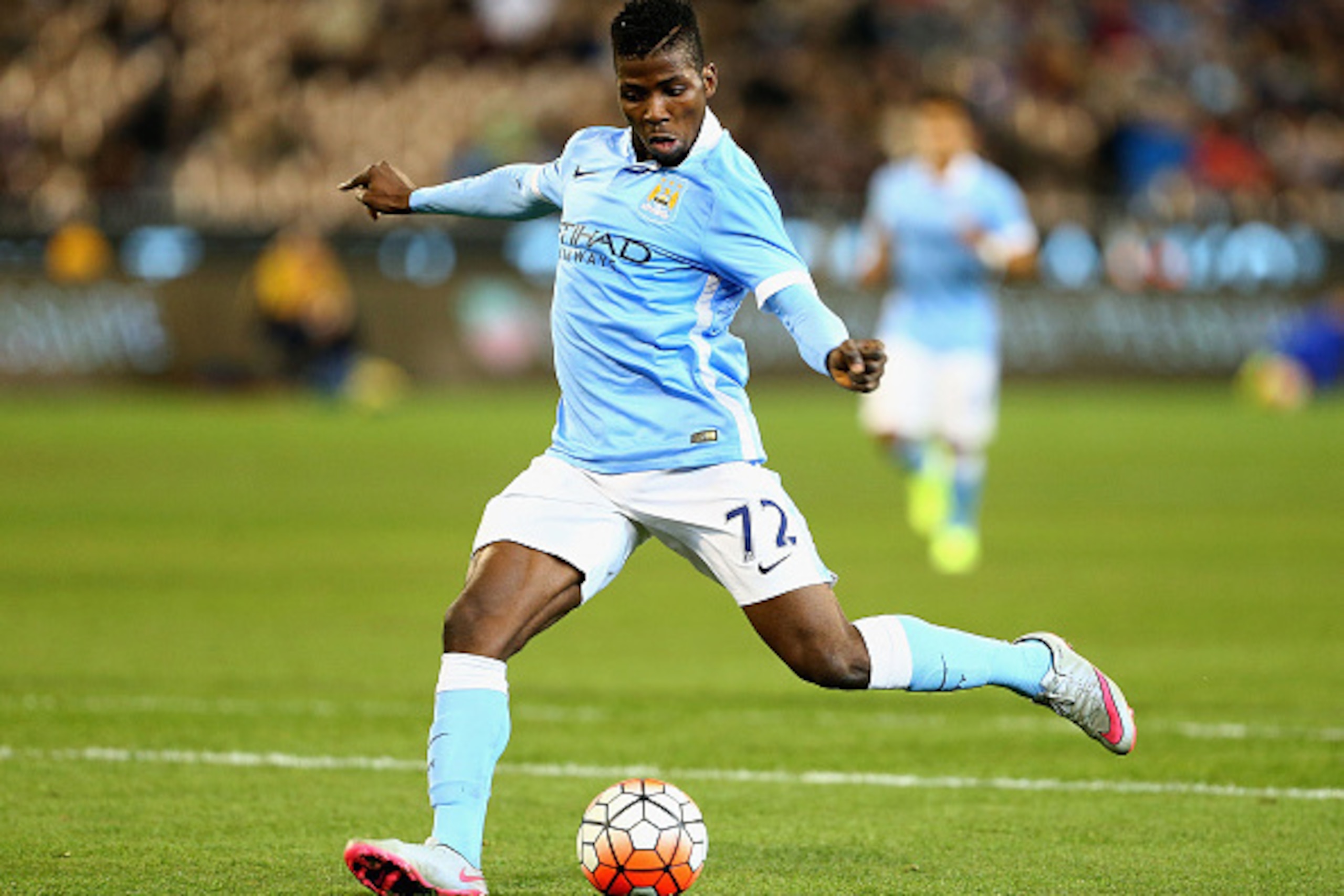 MELBOURNE, AUSTRALIA - JULY 21:  Kelechi Iheanacho of Manchester City kicks the ball during the International Champions Cup friendly match between Manchester City and AS Roma at the Melbourne Cricket Ground on July 21, 2015 in Melbourne, Australia.  (Phot