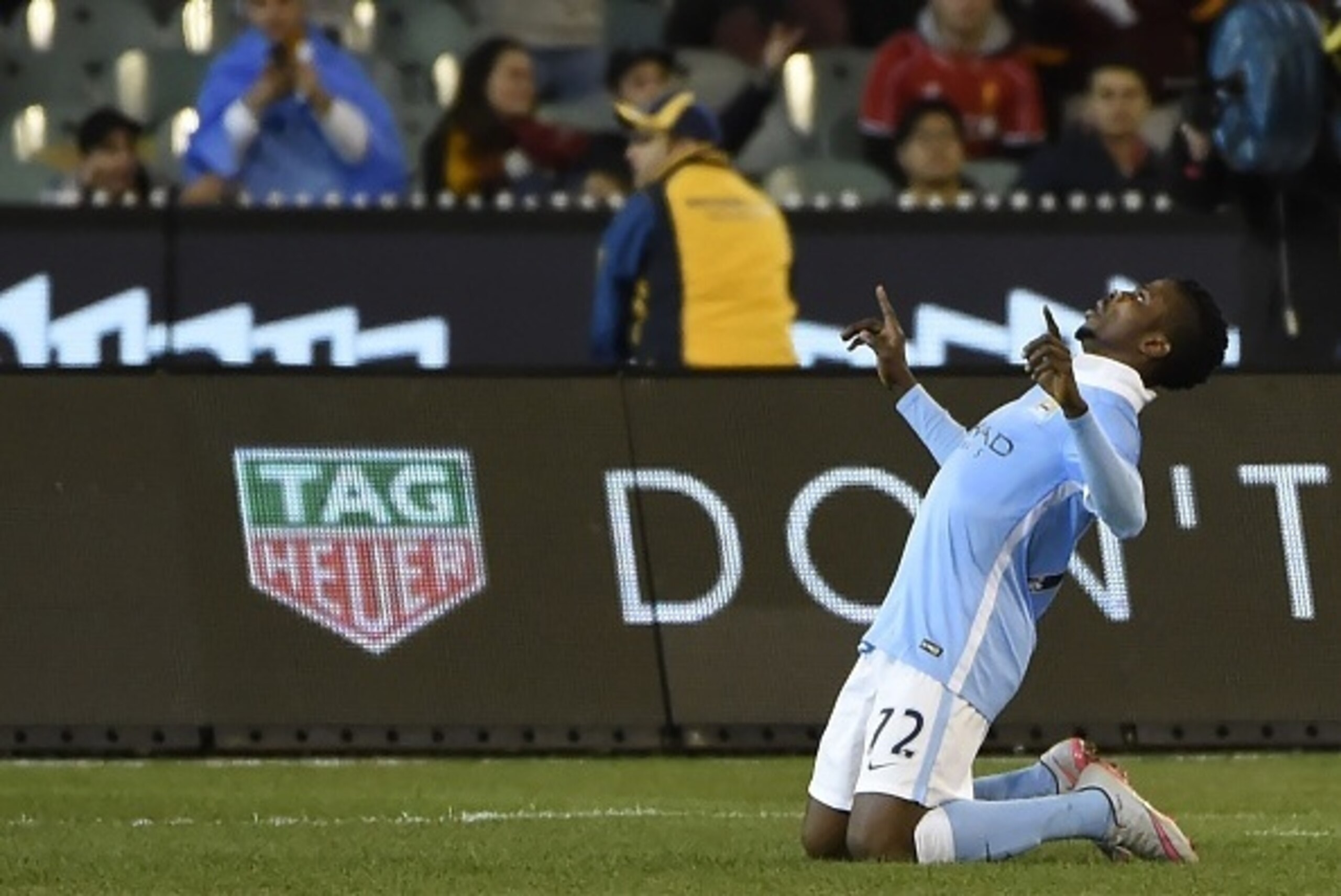Kelechi Iheanacho of Manchester City celebrates a goal during the International Champions Cup football match between English Premier League team Manchester City and Italian side AS Roma in Melbourne on July 21, 2015. AFP PHOTO / Mal FAIRCLOUGH -- IMAGE RE