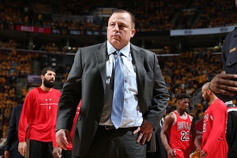 CLEVELAND, OH - MAY 4:  Head coach Tom Thibodeau of the Chicago Bulls in Game One of the Eastern Conference Semifinals against the Cleveland Cavaliers during the 2015 NBA Playoffs on May 4, 2015 at Quicken Loans Arena in Cleveland, Ohio.  NOTE TO USER: Us