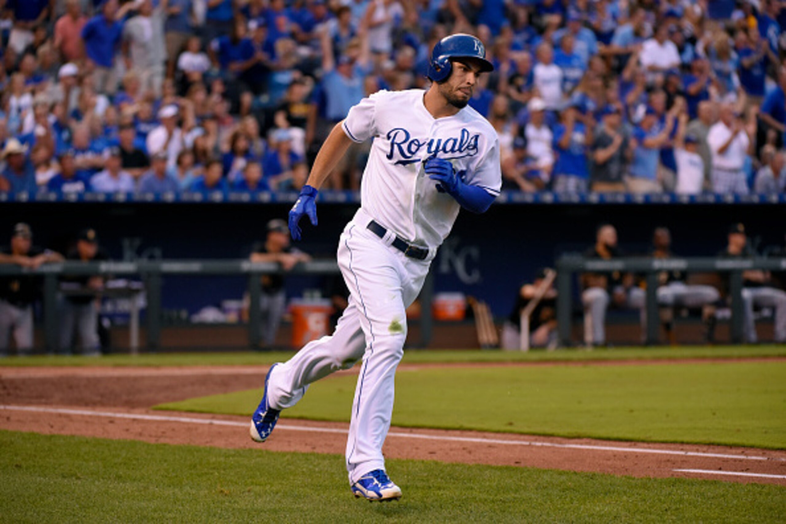 KANSAS CITY, MO - JULY 22:  Eric Hosmer #35 of the Kansas City Royals runs to first after hitting a home run in the fourth inning against the Pittsburgh Pirates at Kauffman Stadium on July 22, 2015 in Kansas City, Missouri. (Photo by Ed Zurga/Getty Images